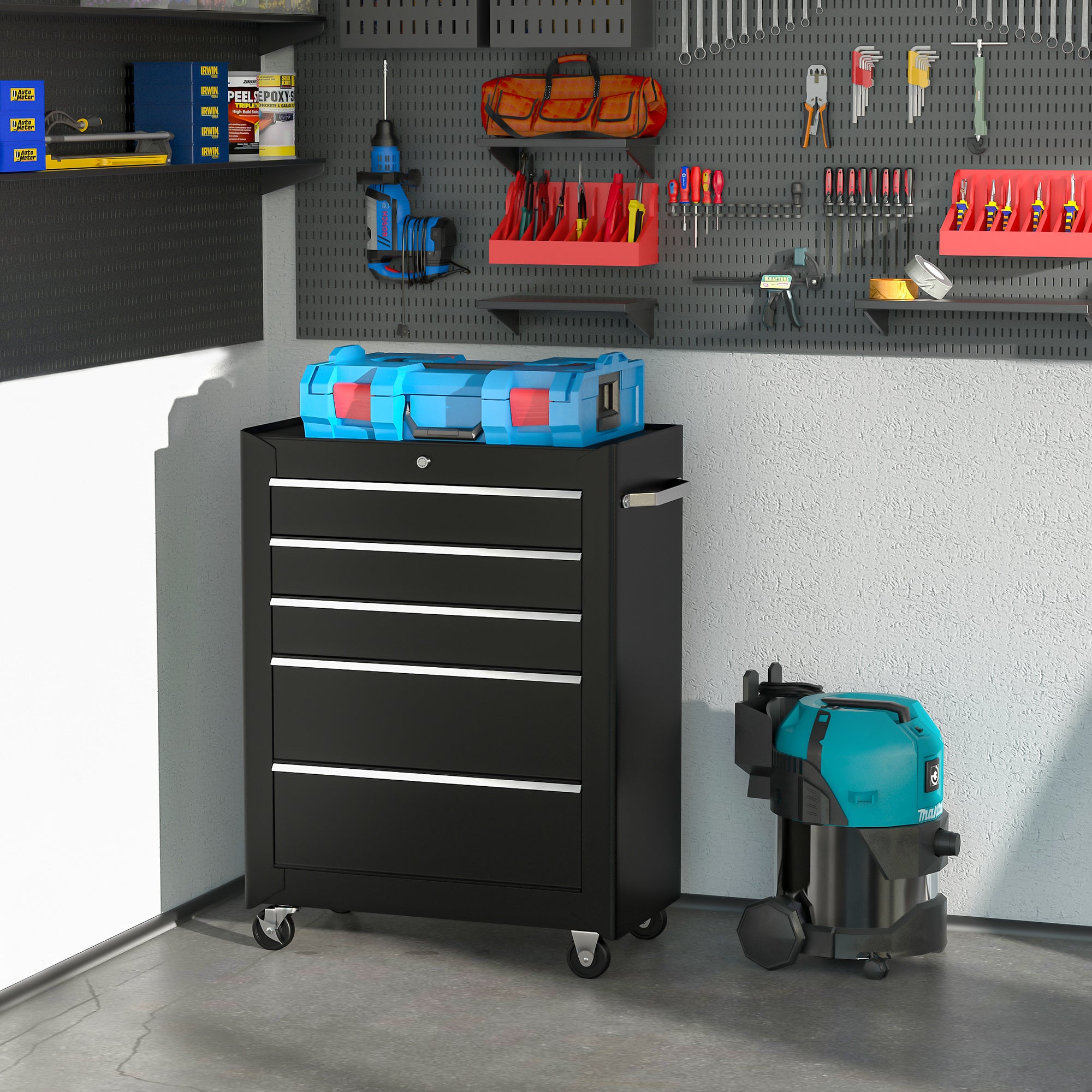 Rolling Tool Storage Cabinet 5-Drawer Tool Chest Black Steel