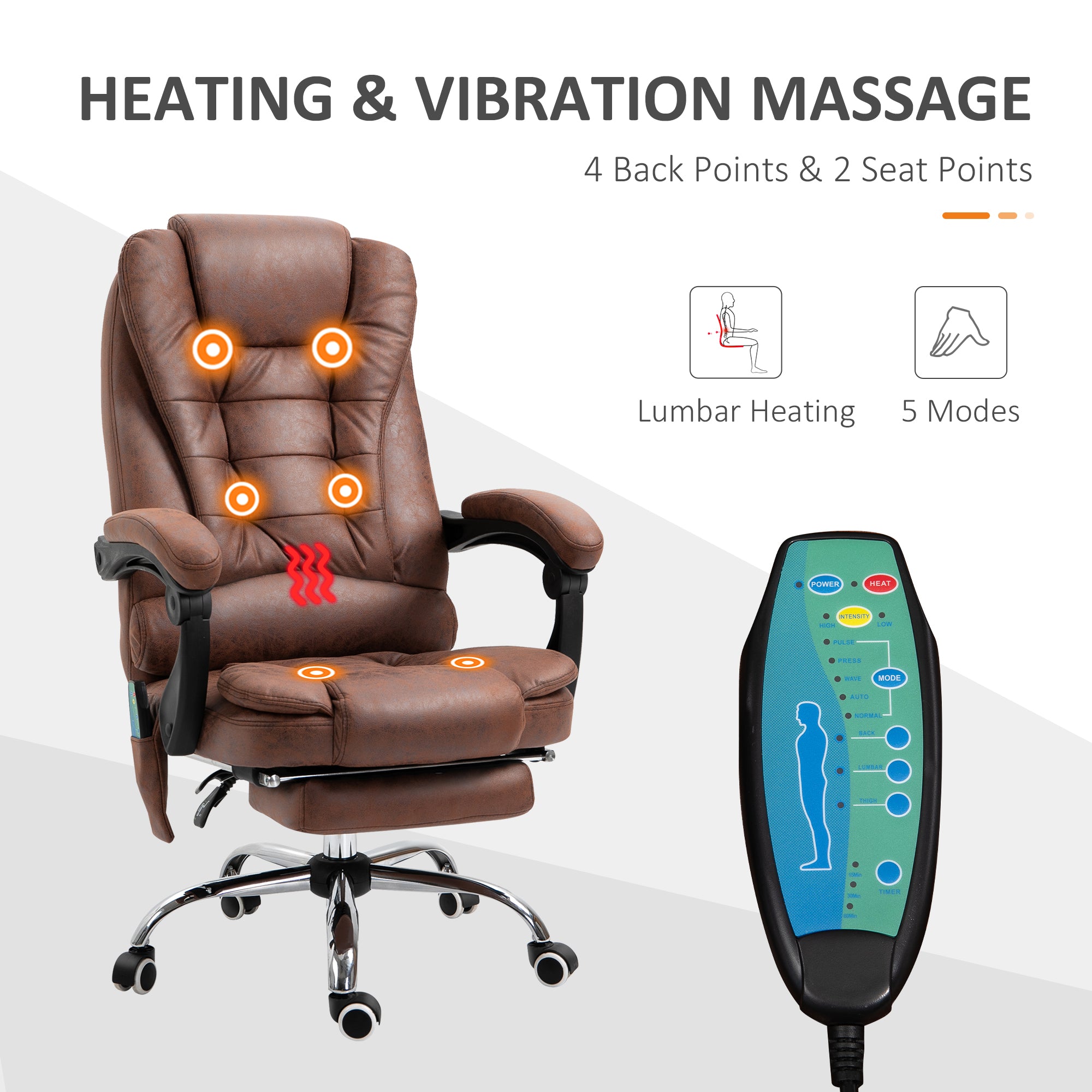 Heated 6 Points Vibration Massage Executive Office Chair Adjustable Swivel Ergonomic High Back Desk Chair Recliner with Footrest Brown