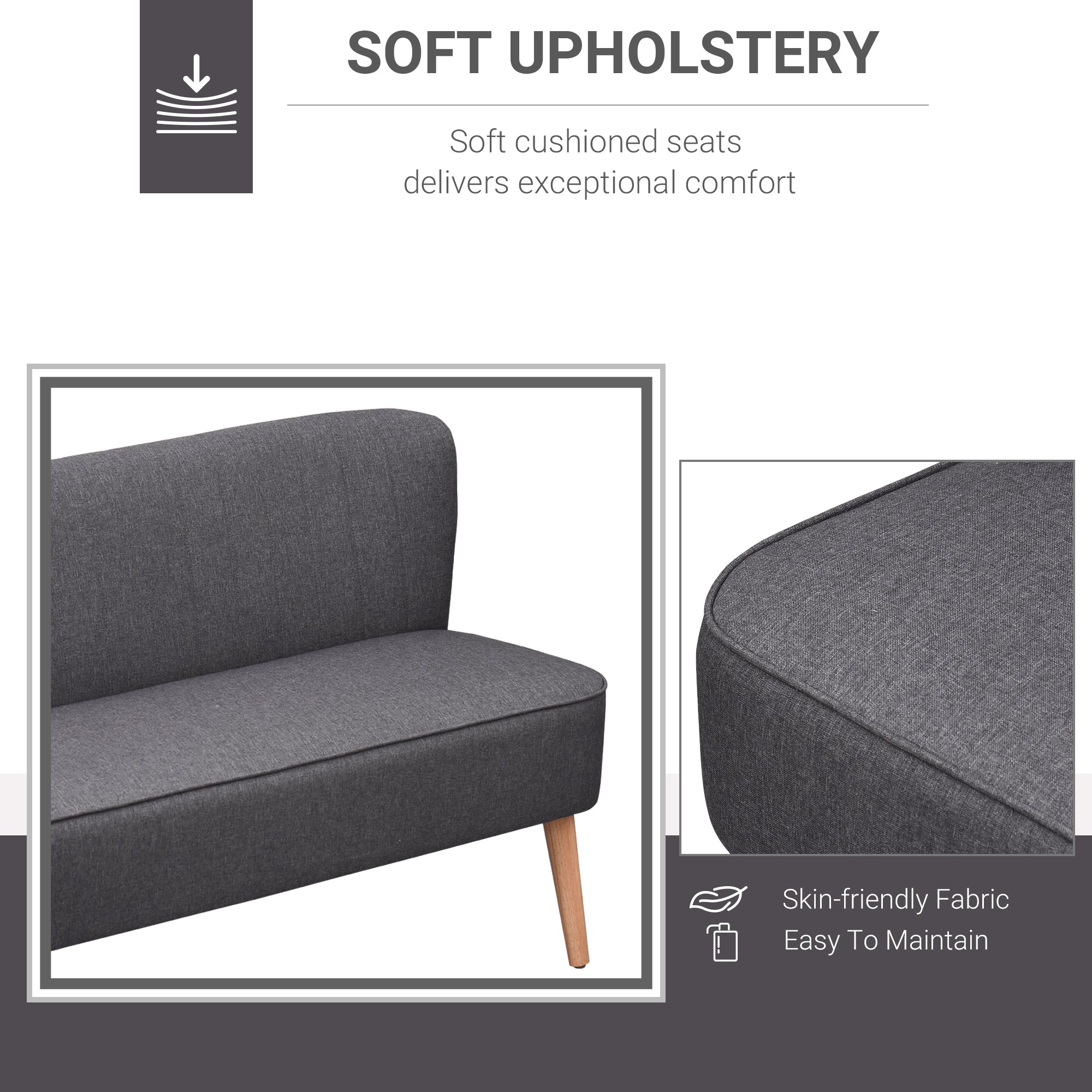 Modern Double Seat Sofa Loveseat Couch 2 Seater Compact Sofa Padded Linen Wood Leg Dark Grey