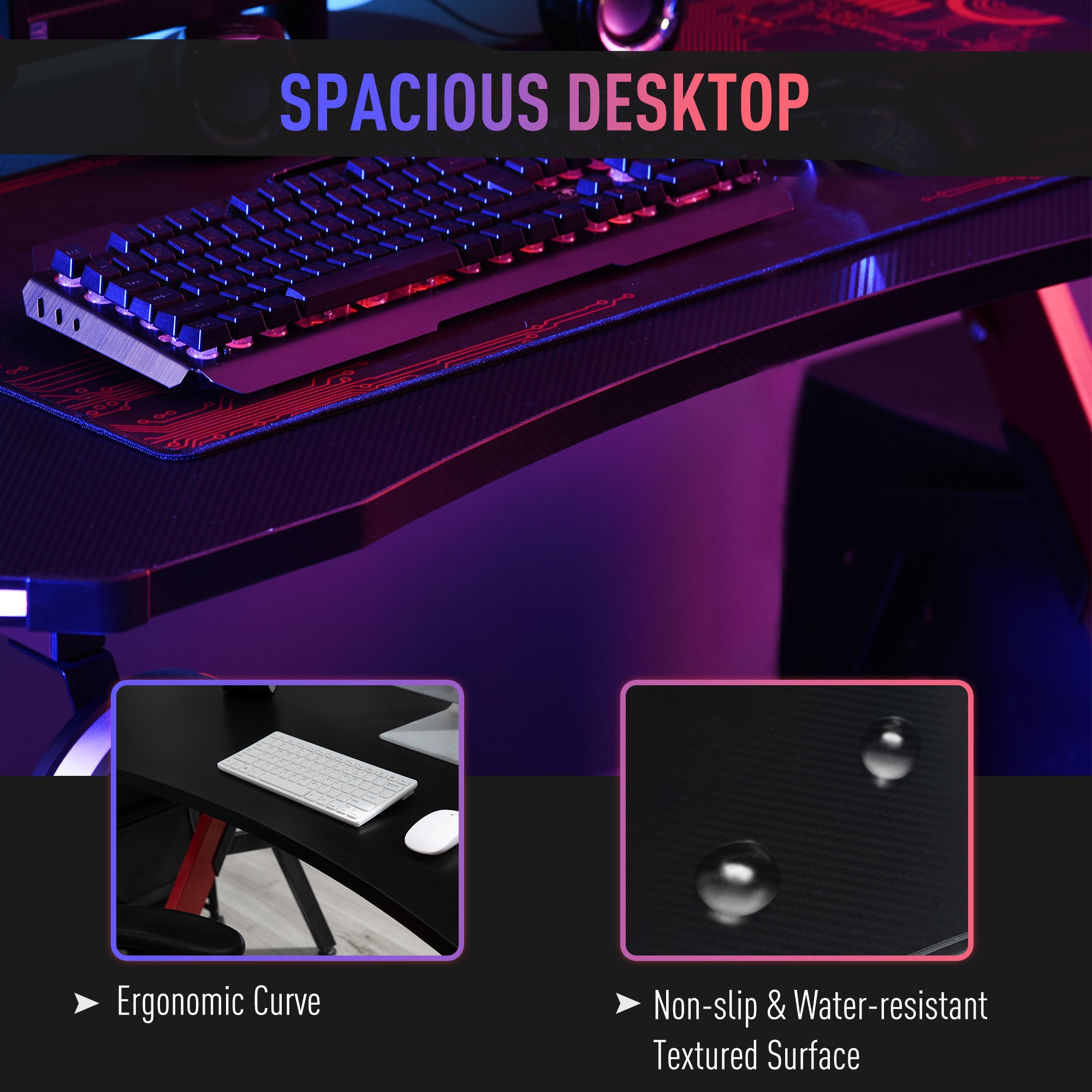 Gaming Desk Racing Style Home Office Ergonomic Computer Table Workstation with RGB LED Lights, Hook, Cup Holder, Controller Rack Black Red