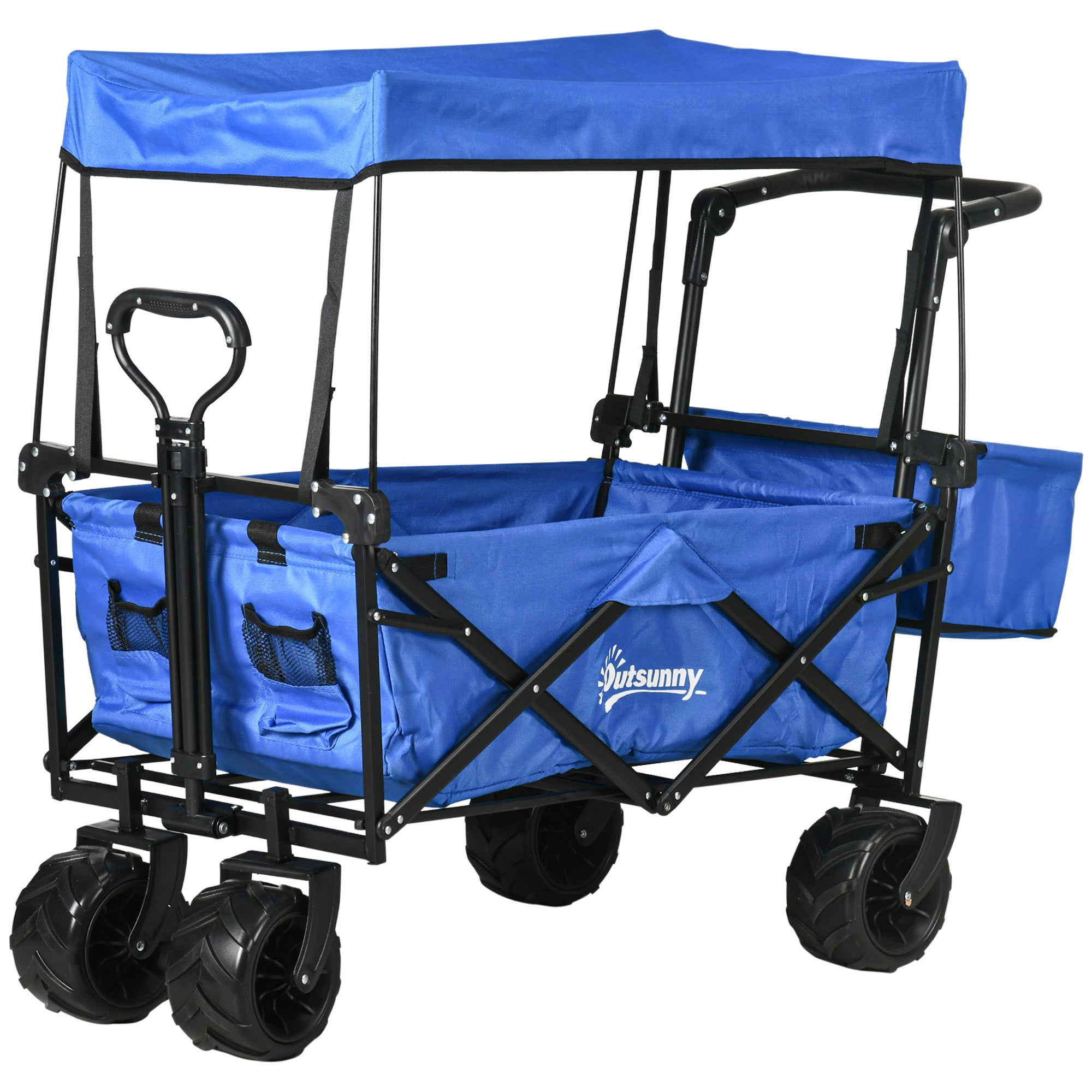 Folding Trolley Cart Storage Wagon Beach Trailer 4 Wheels with Handle Overhead Canopy Cart Push Pull for Camping, Blue