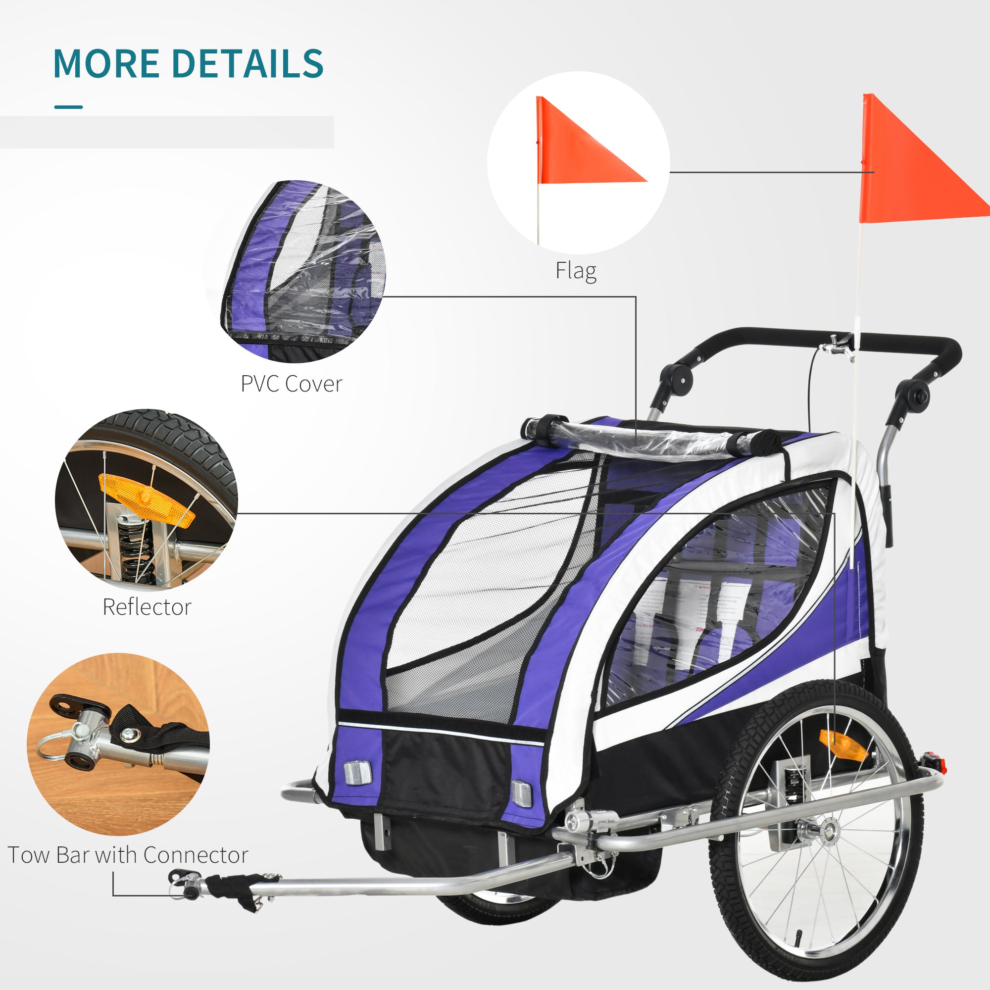 Child Bike Trailer Baby Bicycle Trailer 360° Rotatable for 2 Kids with Steel Frame LED Purple