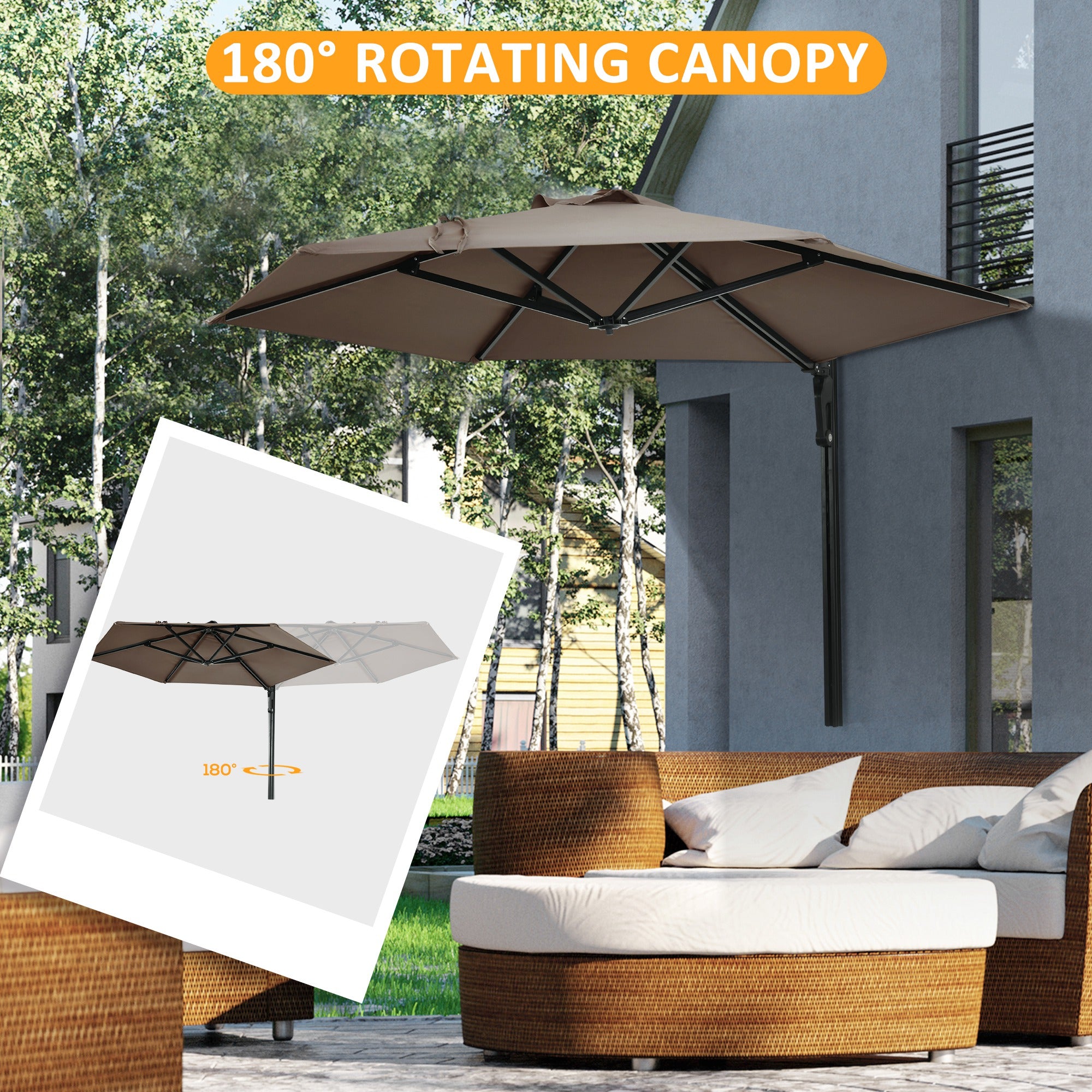 Wall Mounted Parasol, Hand to Push Outdoor Patio Umbrella with 180 Degree Rotatable Canopy for Porch, Deck, Garden, 250 cm, Khaki