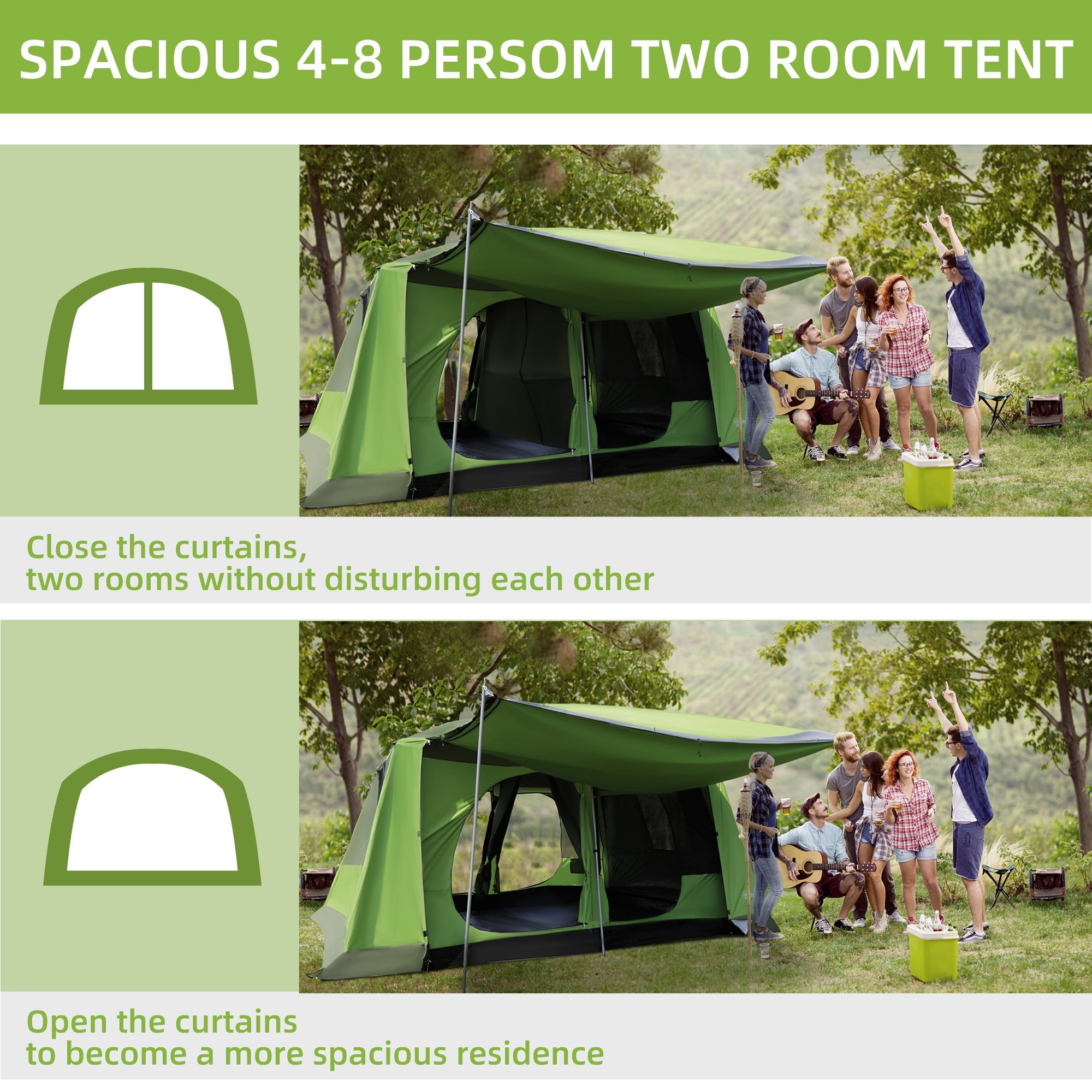Two Room Dome Tent for 4-8 People with Porch and Mesh Windows - Green