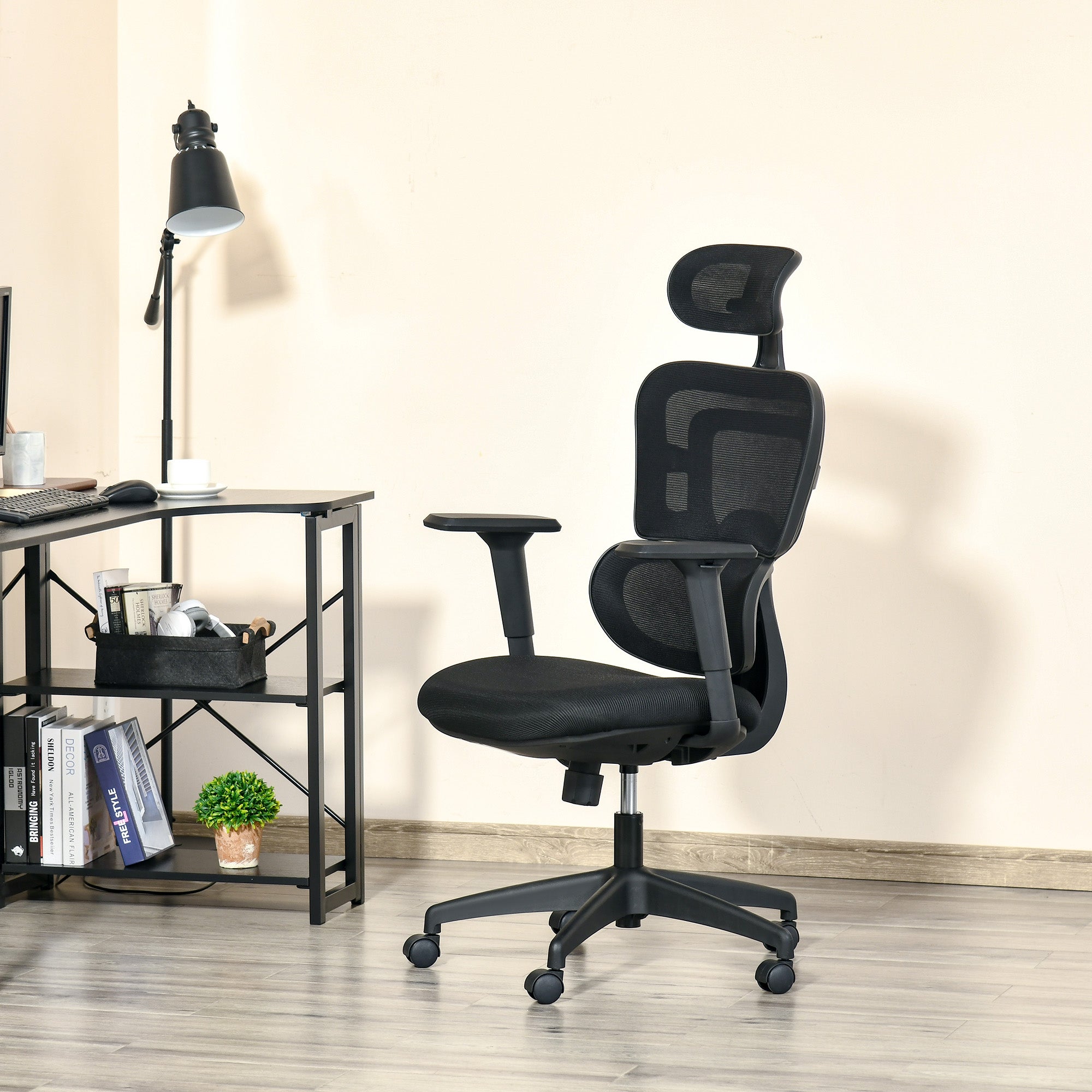 Mesh Office Chair, Ergonomic High-Back Swivel Desk Chair with Adjustable Height, Headrest, Lumbar Support, Padded Seat for Home Office Black