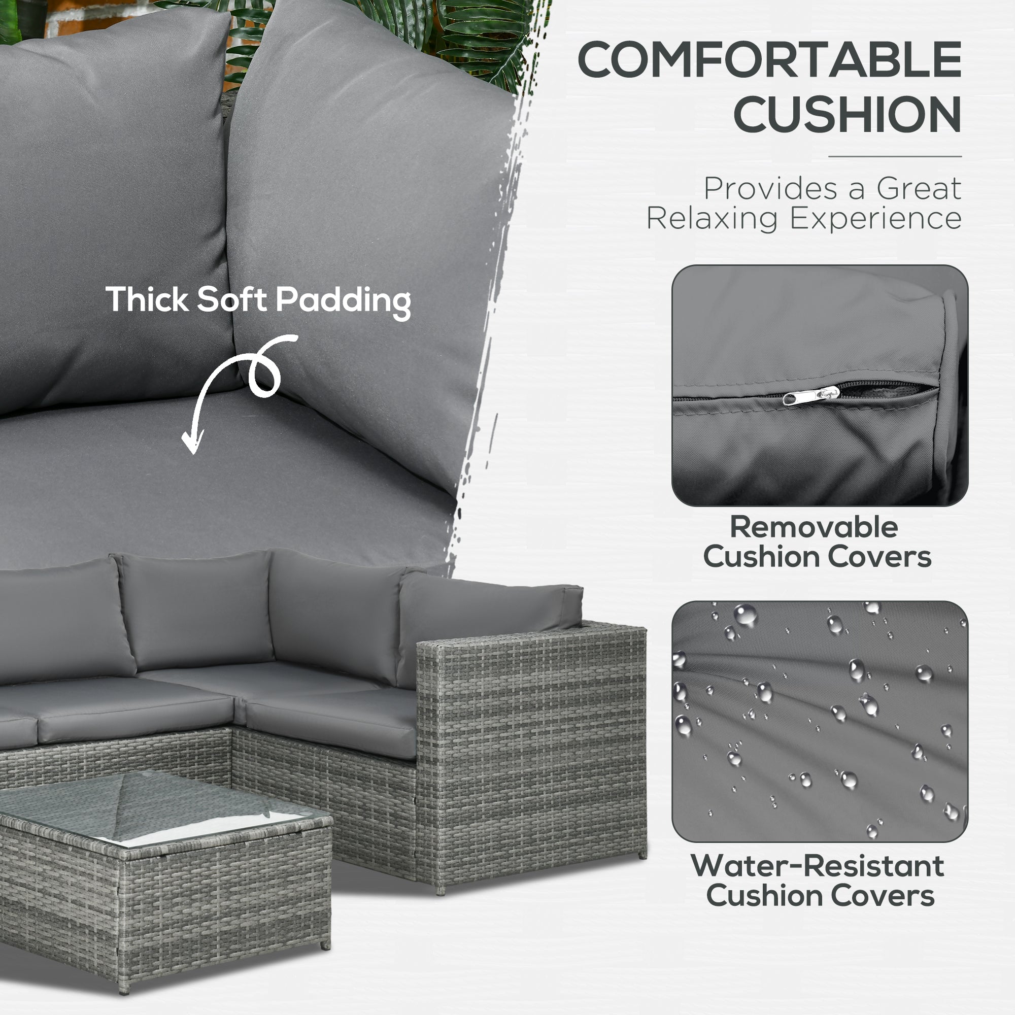 4-Seater Rattan Garden Furniture Outdoor Patio Corner Sofa Chair Set with Coffee Table Thick Cushions, Grey
