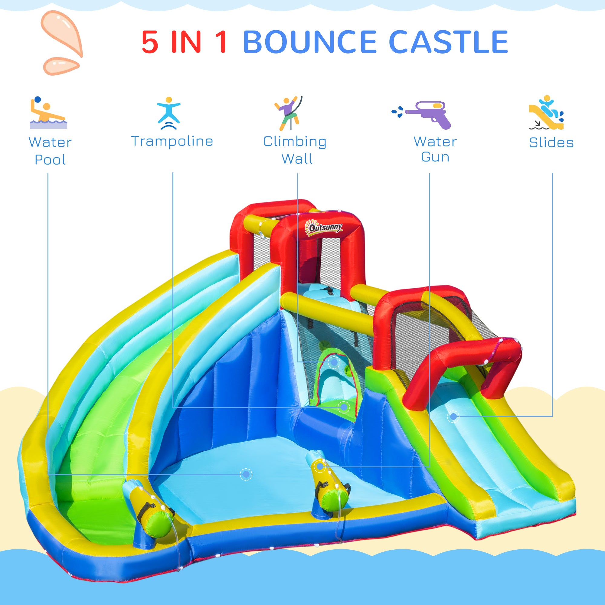 5 in 1 Kids Bounce Castle Extra Large Inflatable House Trampoline Slide Water Pool Water Gun Climbing Wall for Kids Age 3-8, 3.85x3.65x2m