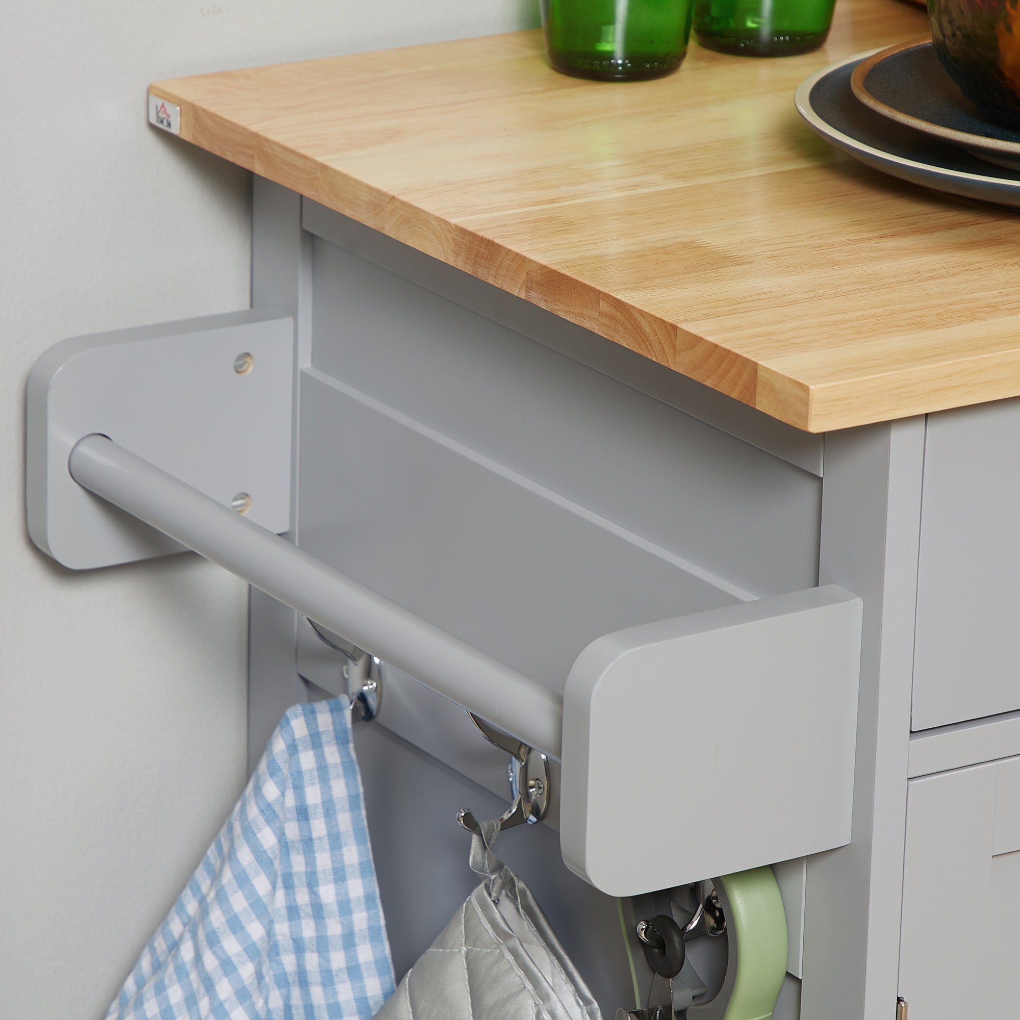 Rolling Kitchen Island on Wheels, Utility Serving Cart with Rubber Wood Top, Towel Rack, Hooks and Storage Drawers, Grey