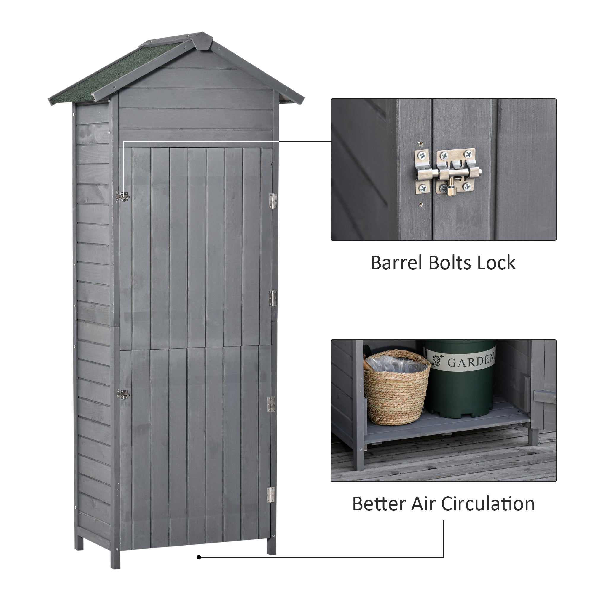 Wooden Garden Storage Shed Timber Tool Cabinet Organiser w/ Tilted-felt Roof, Shelves, Lockable Doors, 189 x 82 x 49 cm, Grey