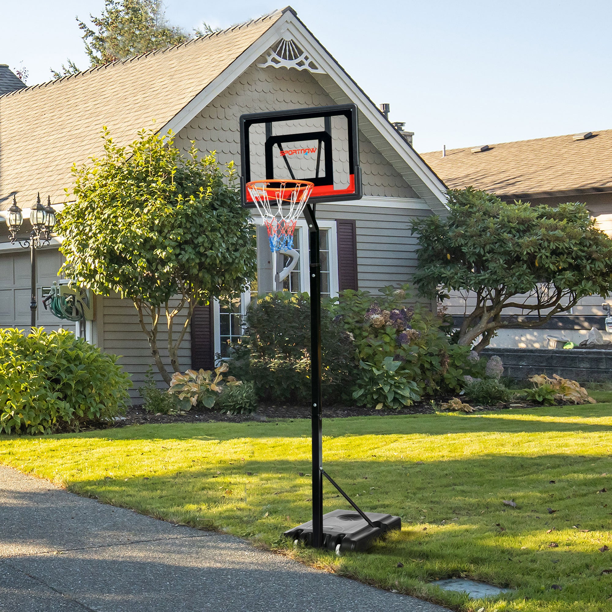 Adjustable 2.1-2.6m Basketball Hoop and Stand with Weighted Base and Wheels - Black Red Orange
