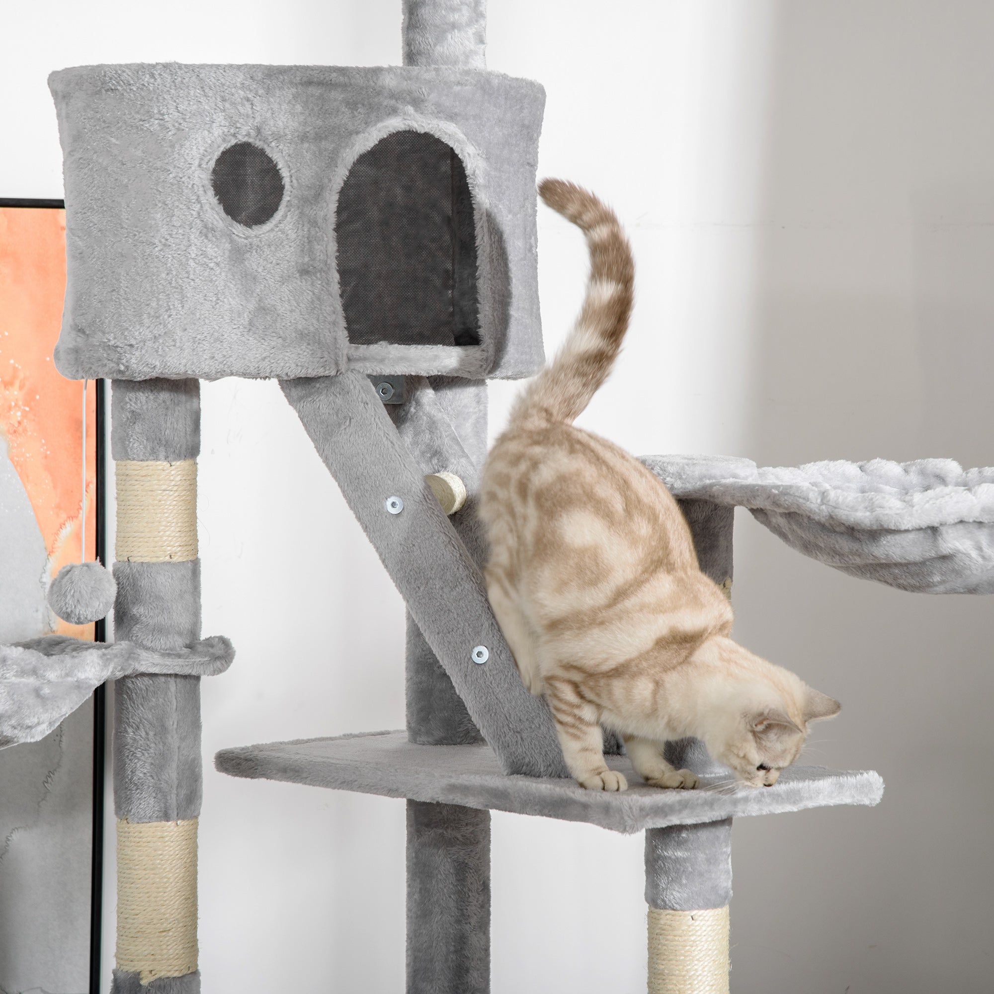 Floor to Ceiling Cat Tree for Indoor Cats 240-260cm Adjustable Height Light Grey