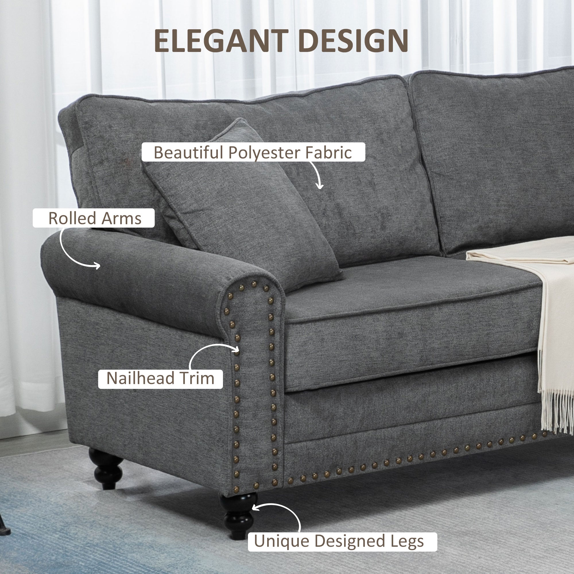 2 Seater Fabric Sofa with Nailhead Trim and Cushions Loveseat - Grey