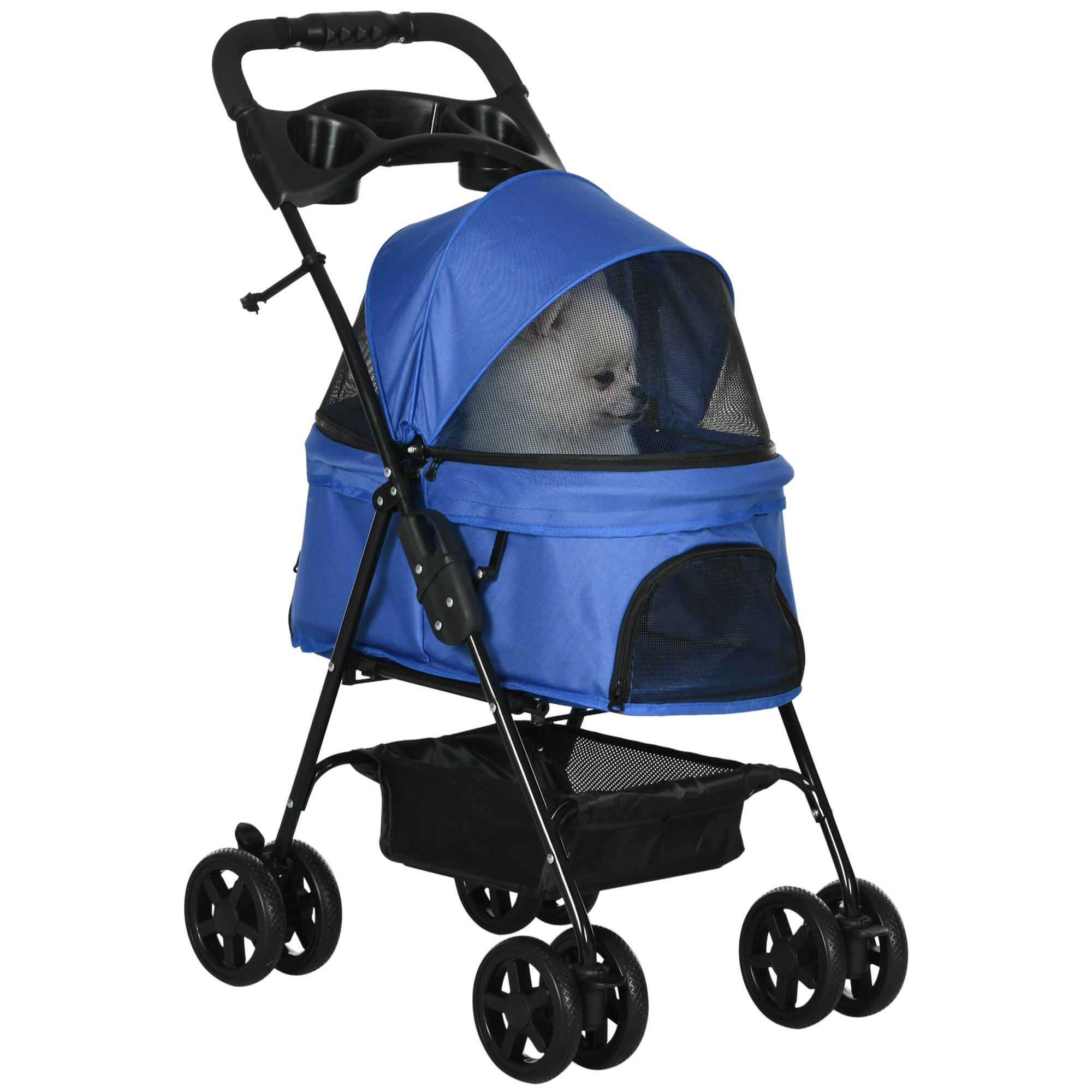 Pet Stroller Dog Cat Travel Pushchair One-Click Fold Trolley Jogger with EVA Wheels Brake Basket Adjustable Canopy Safety Leash Blue