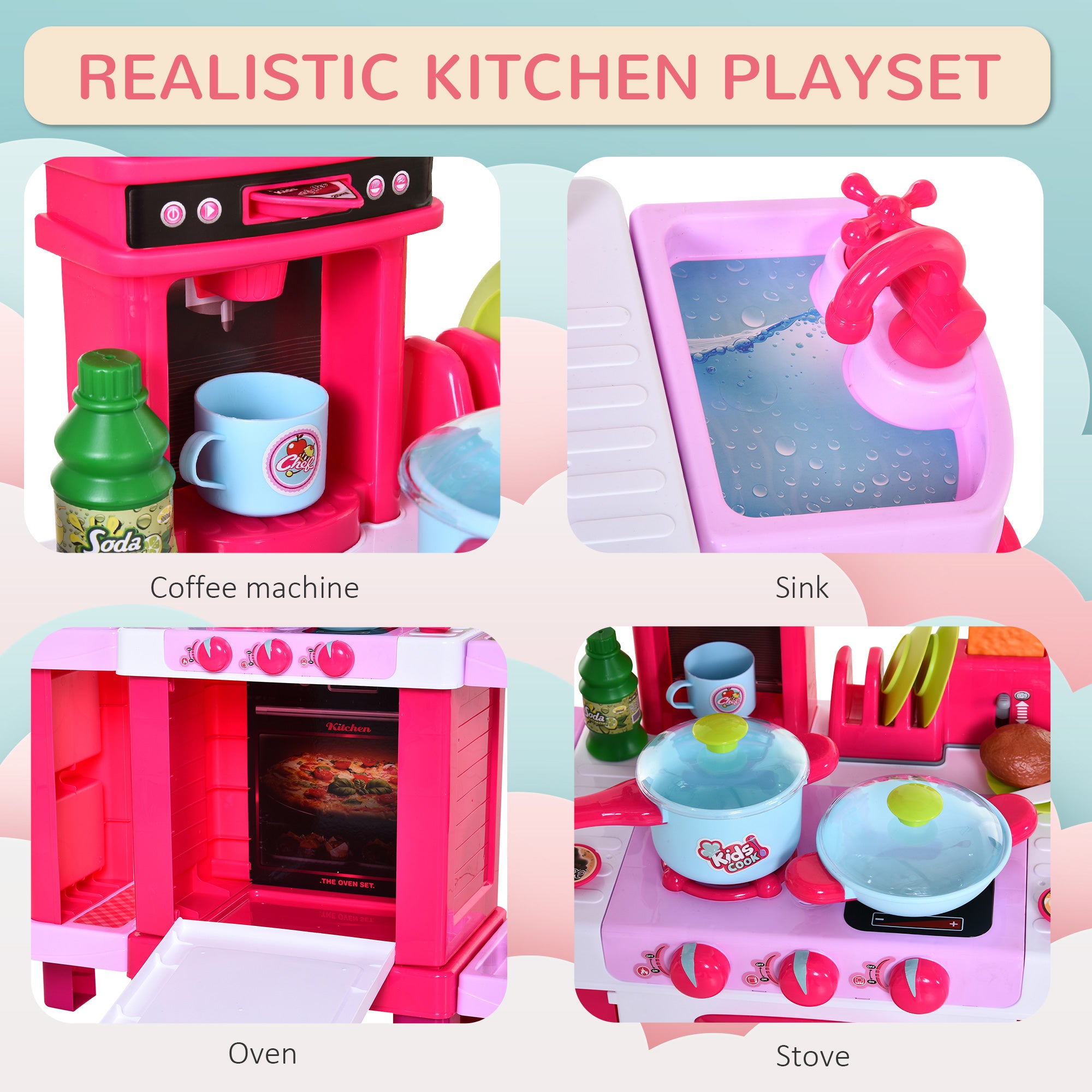 38-Piece Children's Kitchen Play Set w/ Realistic Sounds Lights Food Utensils Pots Pans Appliances