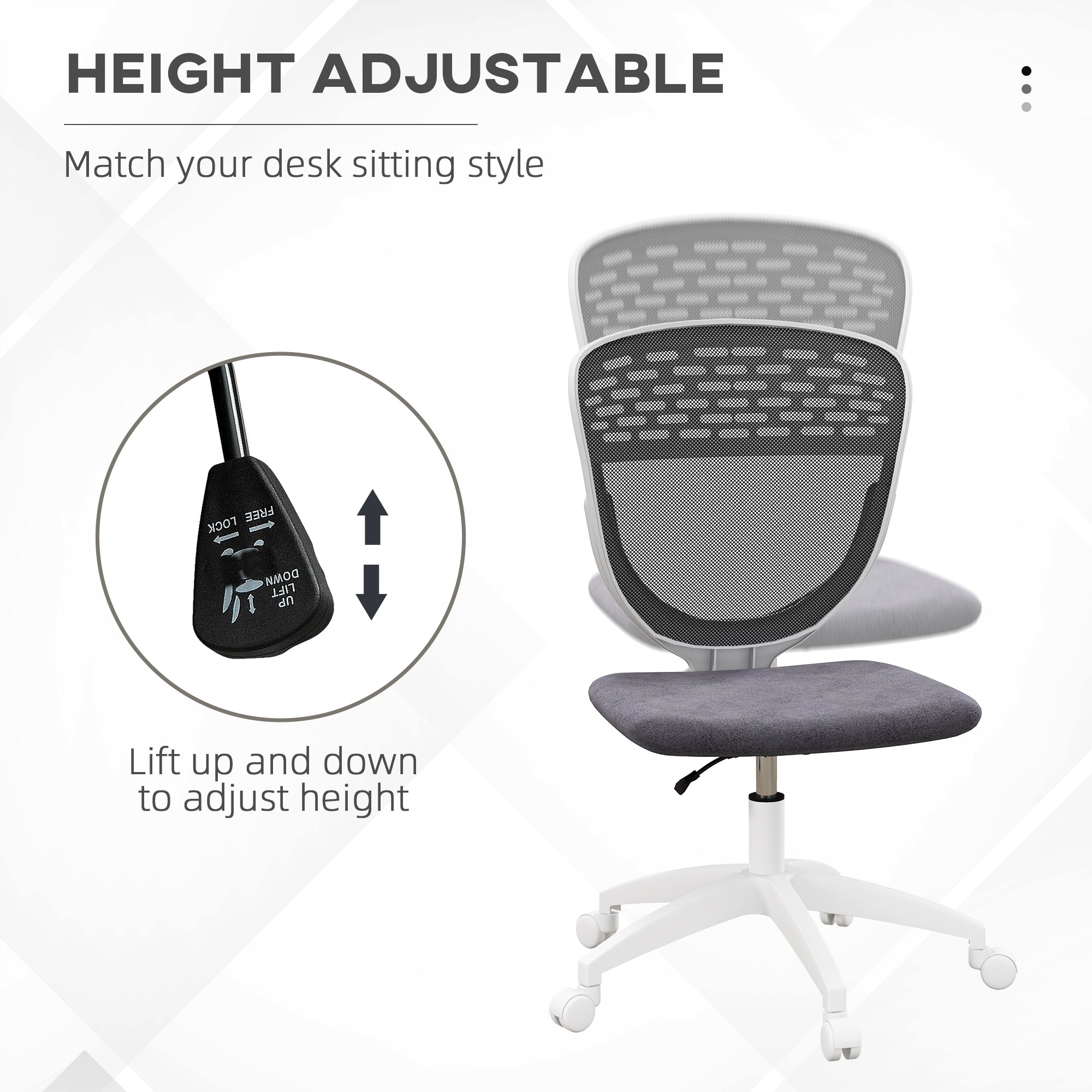 Armless Desk Chair, Mesh Office Chair, Height Adjustable with Swivel Wheels, Grey