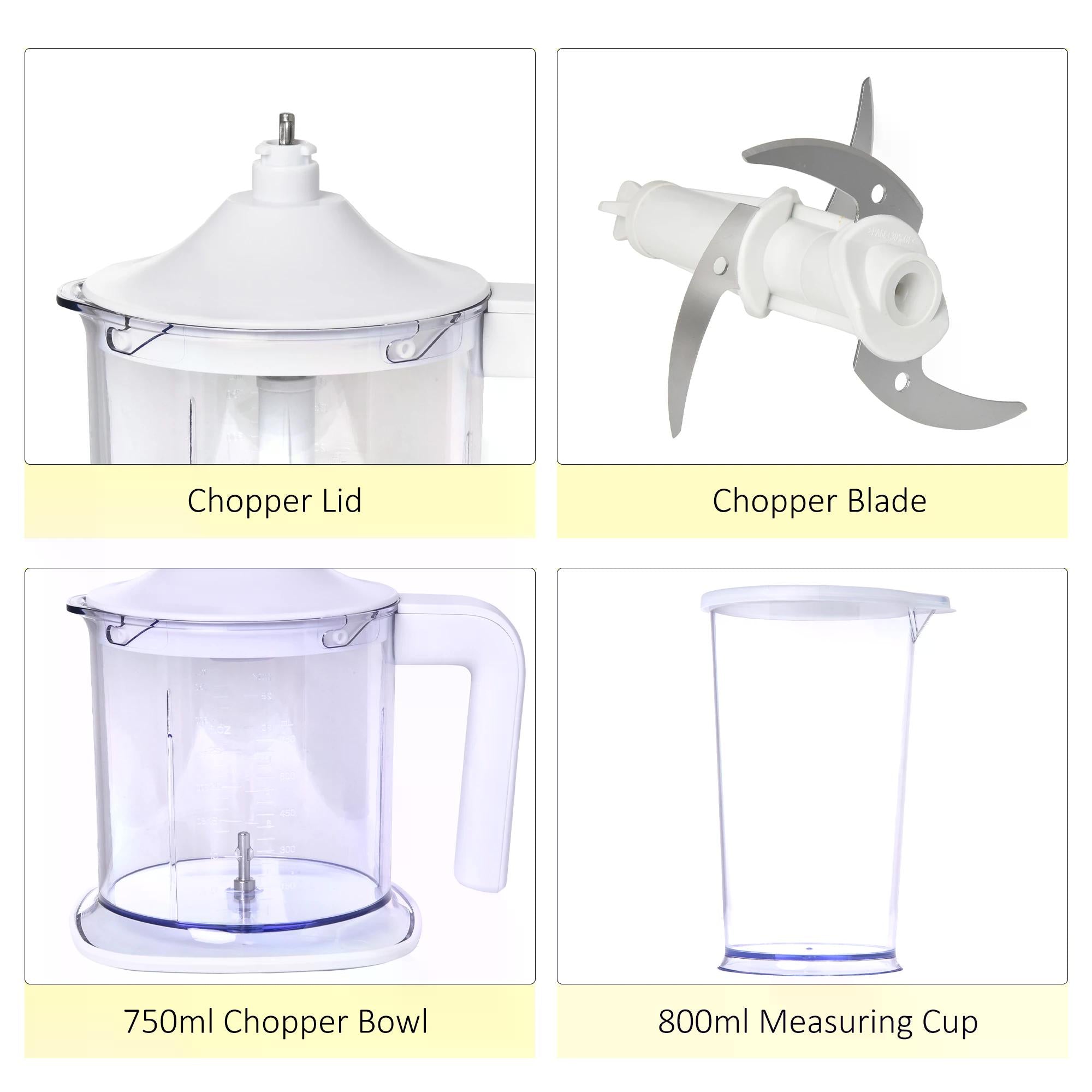 Five-In-One Hand Mixer 500W Electric Whisk Five Speed w/ Stainless Steel Dough Hook Beater Blender Chopper for Kitchen Baking - White