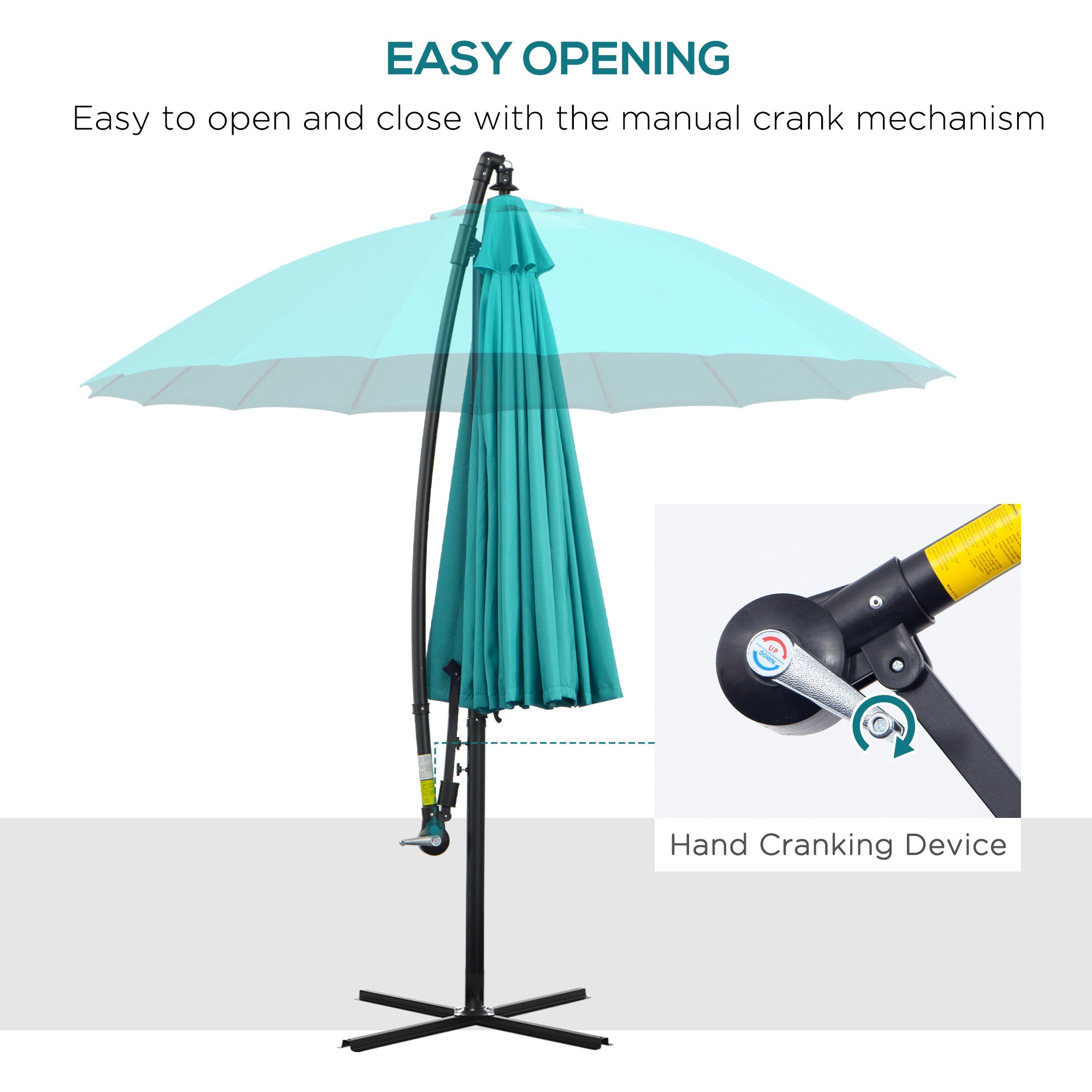 3(m) Cantilever Shanghai Parasol Garden Hanging Banana Sun Umbrella with Crank Handle, 18 Sturdy Ribs and Cross Base, Turquoise