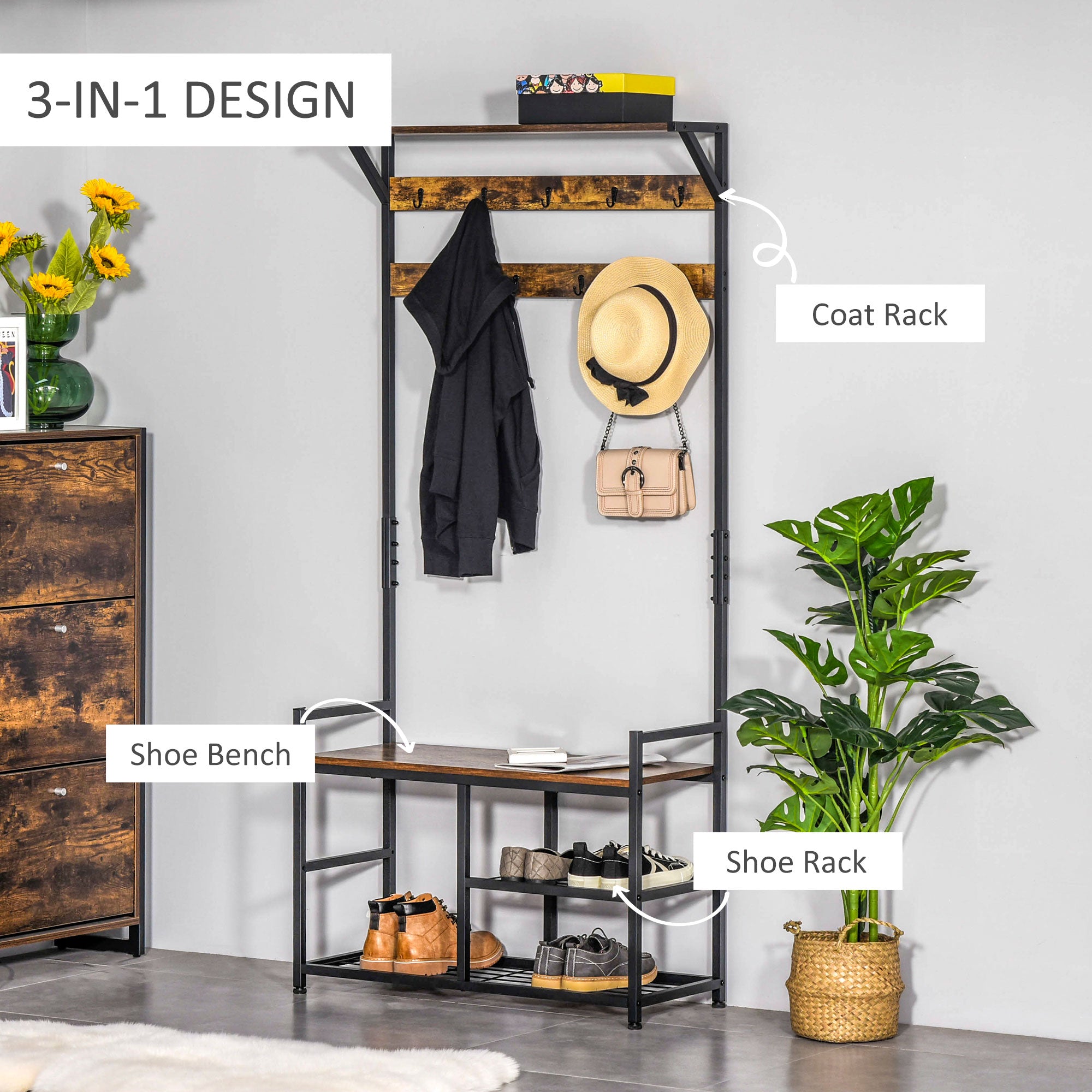 Coat Rack Coat Stand Shoe Storage Bench with 9 Hooks Shelves for Bedroom Living Room Entryway Brown and Black 180cm