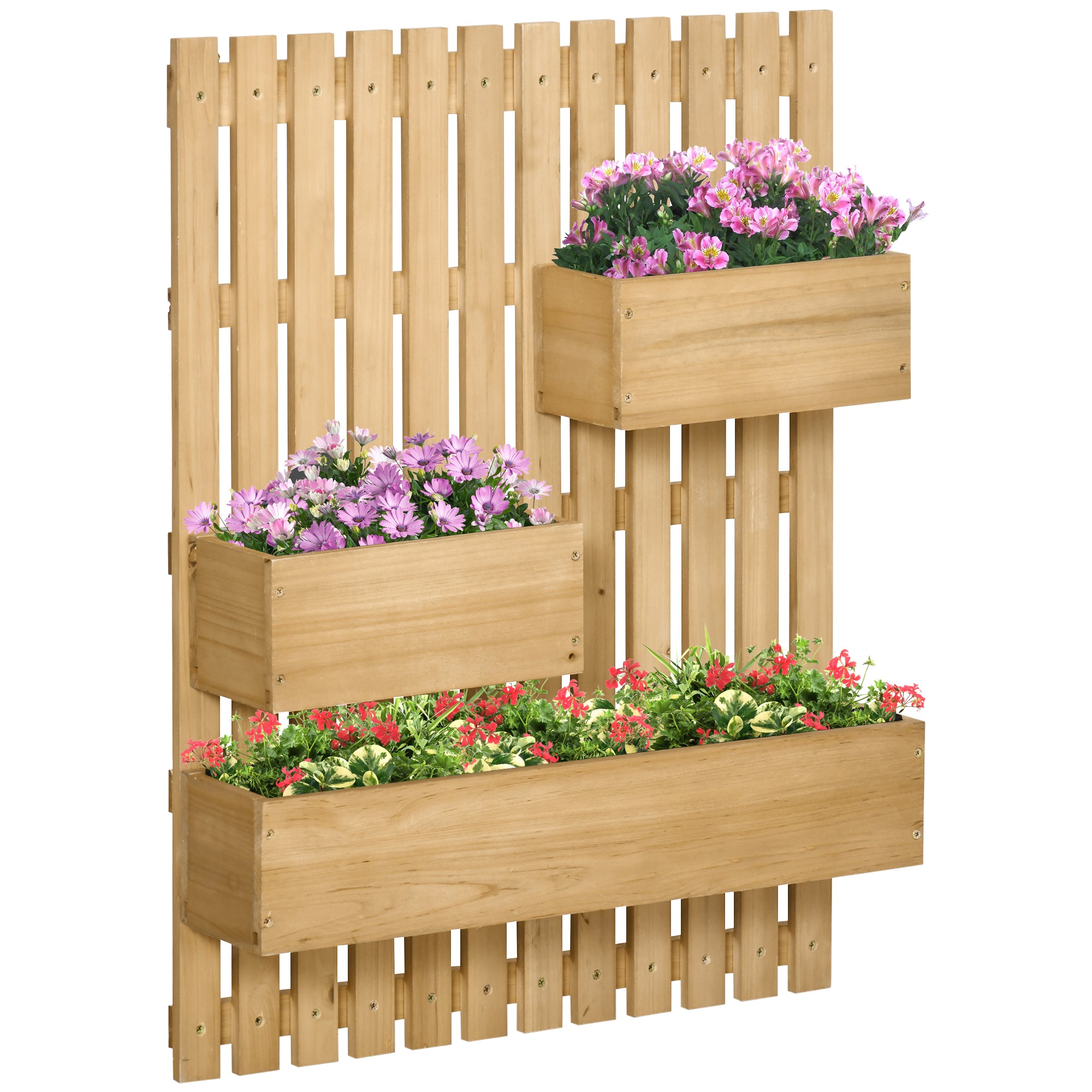 Wall-mounted Wooden Garden Planters with Trellis, Drainage Holes and 3 Movable Planter Boxes, Wall Raised Garden Bed for Patio, Natural