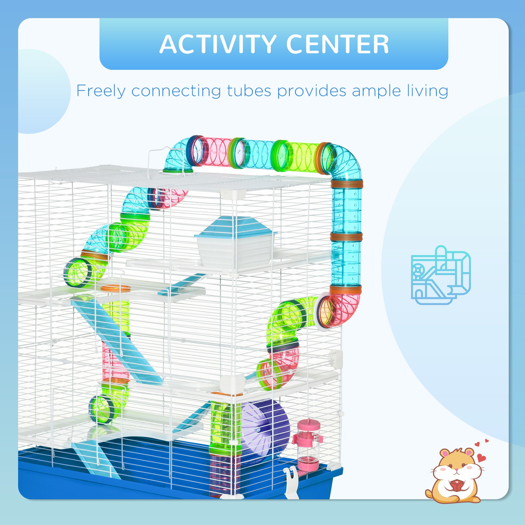 Large 5-Level Hamster Cage with Tunnel Tube, Exercise Wheel & Water Bottle - Blue
