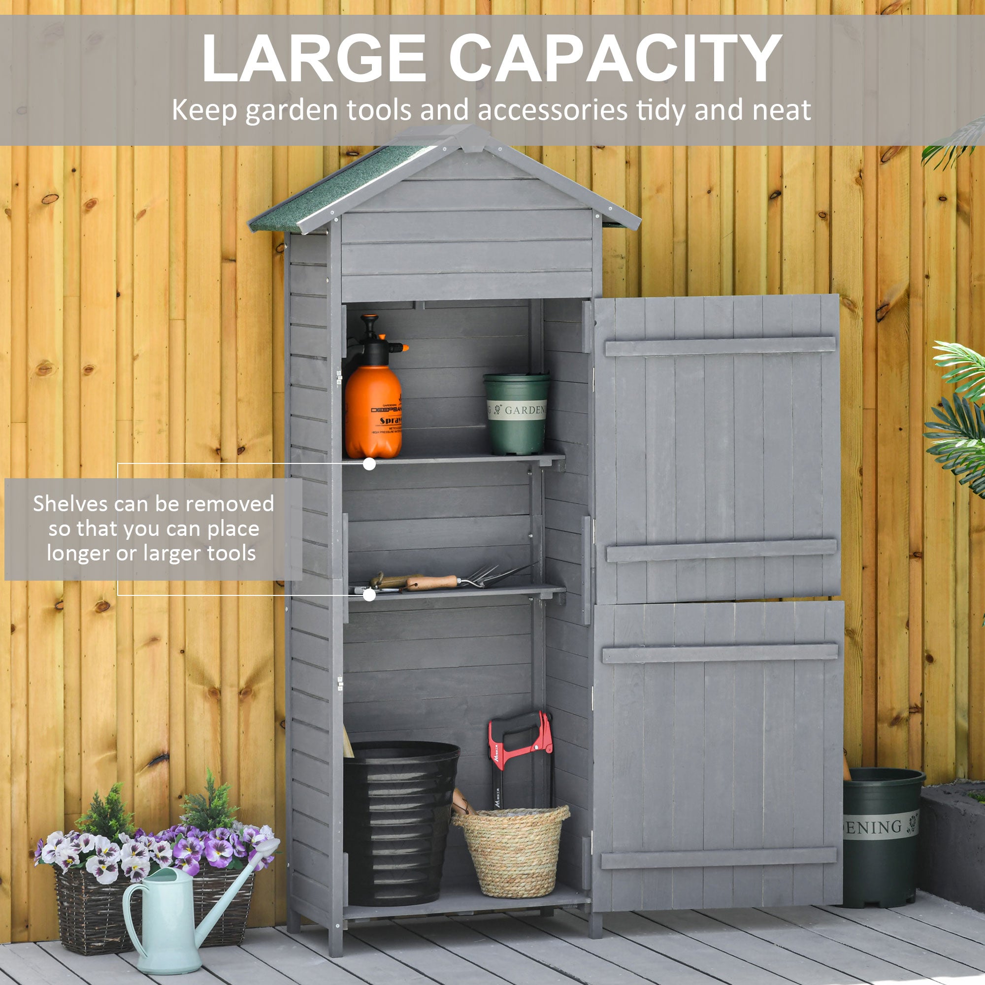 Wooden Garden Storage Shed Timber Tool Cabinet Organiser w/ Tilted-felt Roof, Shelves, Lockable Doors, 189 x 82 x 49 cm, Grey