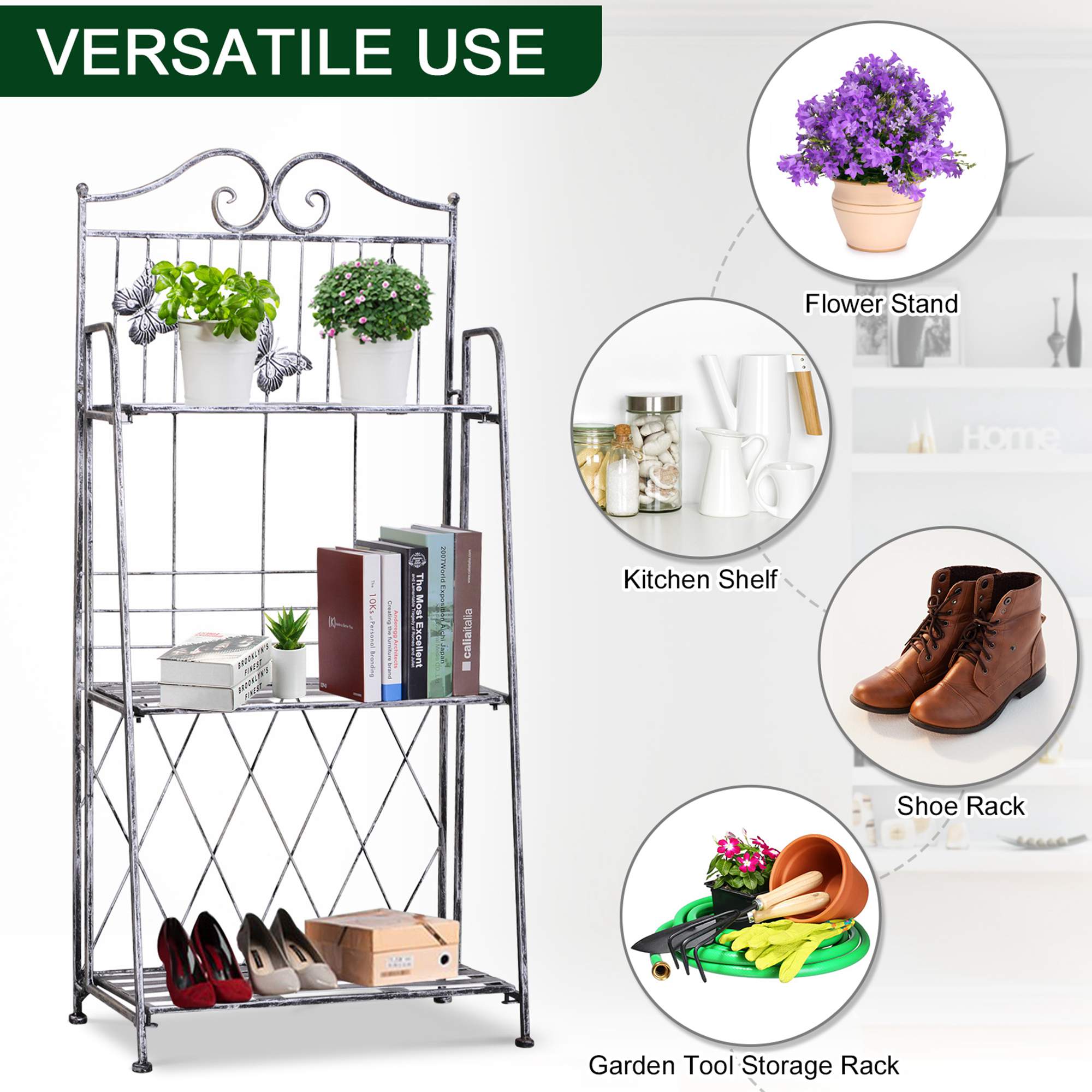 Indoor Outdoor Freestanding 3-Tier Garden Plant Stand Metal Flower Display Rack for Potted Plants Balcony Décor 44L x 25W x 96H cm