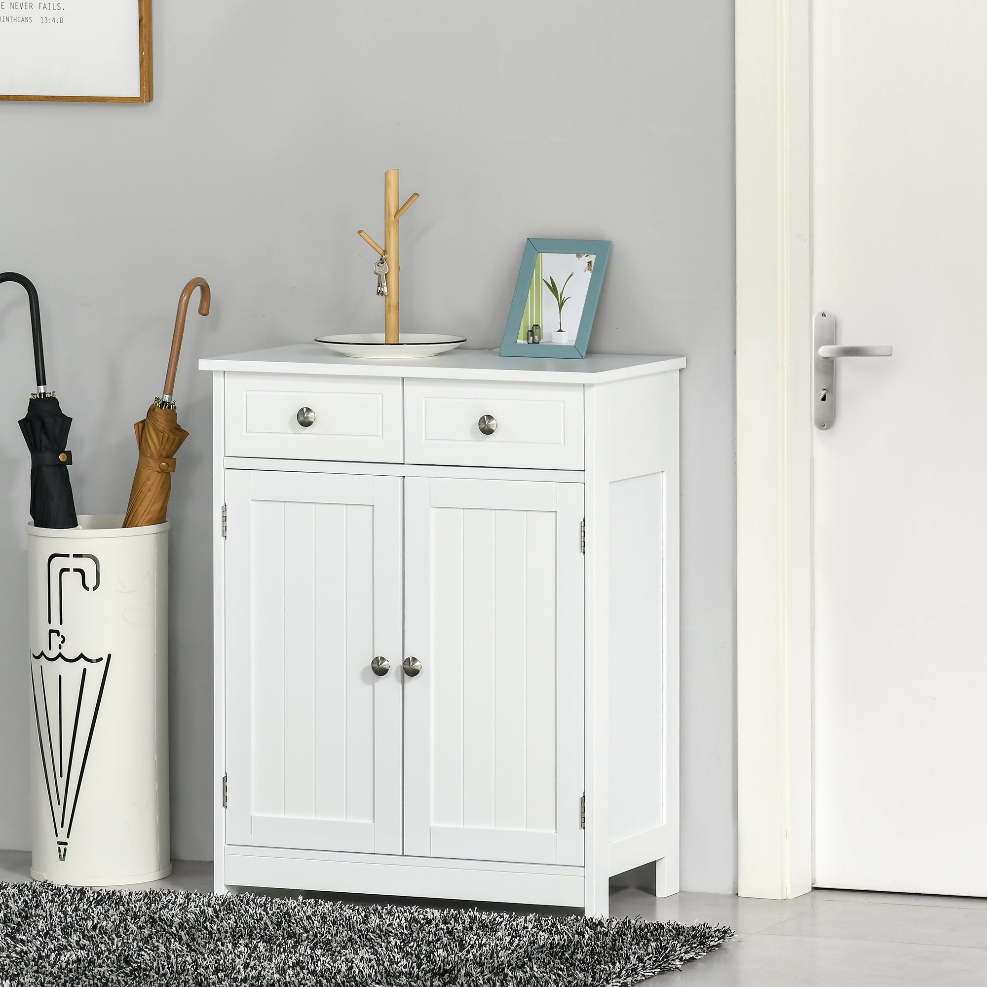 Bathroom Storage Cabinet Free-Standing Bathroom Cabinet Unit w/ 2 Drawers Cupboard Adjustable Shelf Handles Traditional Style 75x60cm White