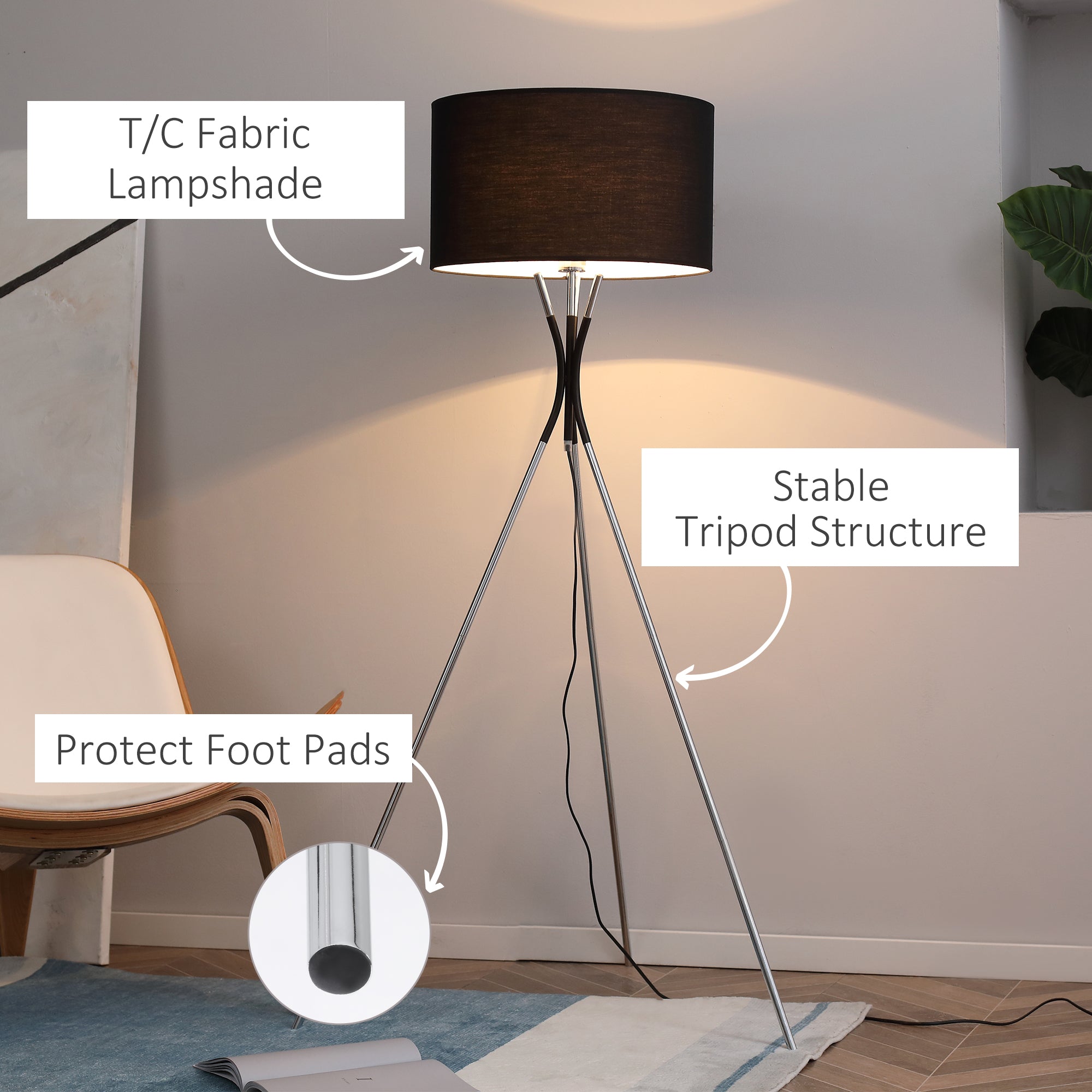 Modern Tripod Floor Lamp, Free Standing Light with Metal Frame, Fabric Lampshade and E27 Base for Living Room, Bedroom, Office, Black