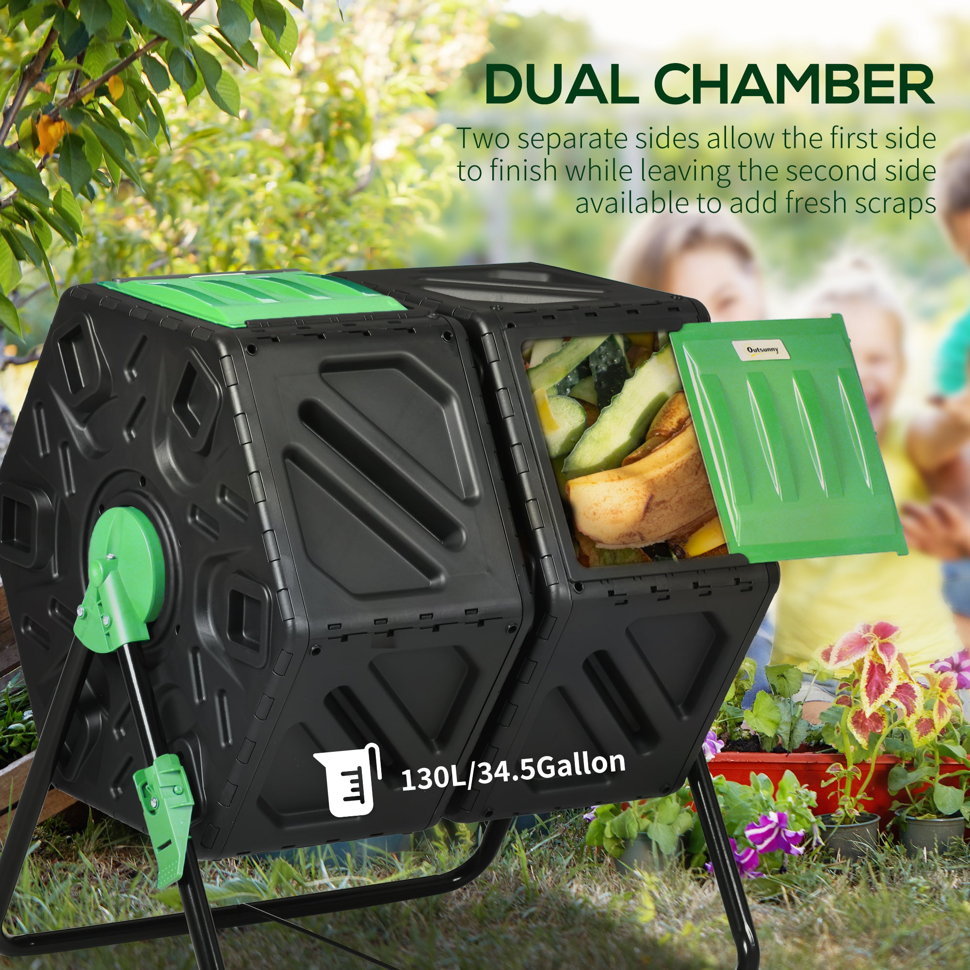 Dual Chamber Garden Compost Bin, 130L Rotating Composter, Compost Maker with Ventilation Openings and Steel Legs