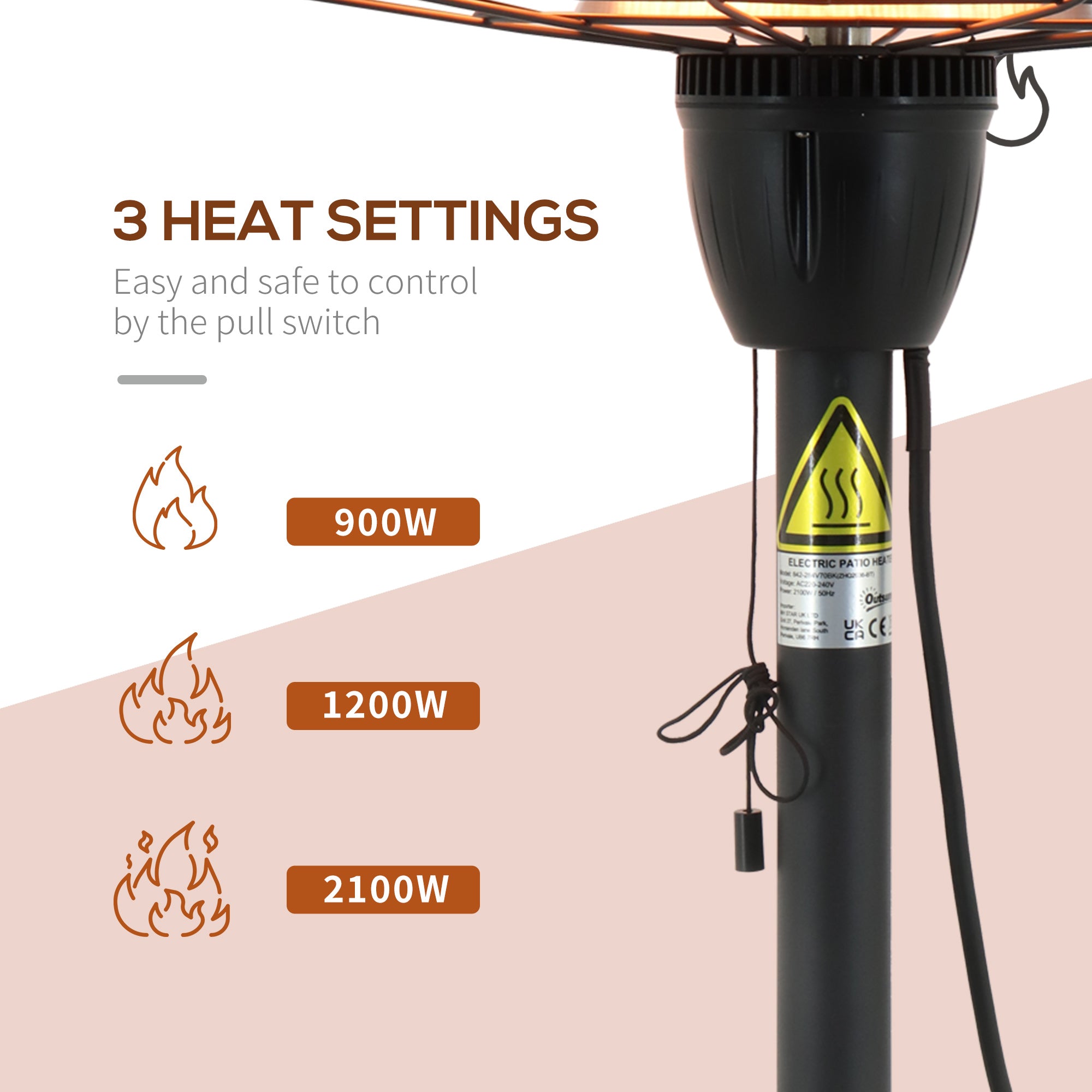 2.1kW Table Top Patio Heater with 3 Heat Settings, Infrared Outdoor Electric Heater with Pull Switch, IP44 Rated Weather Resistance