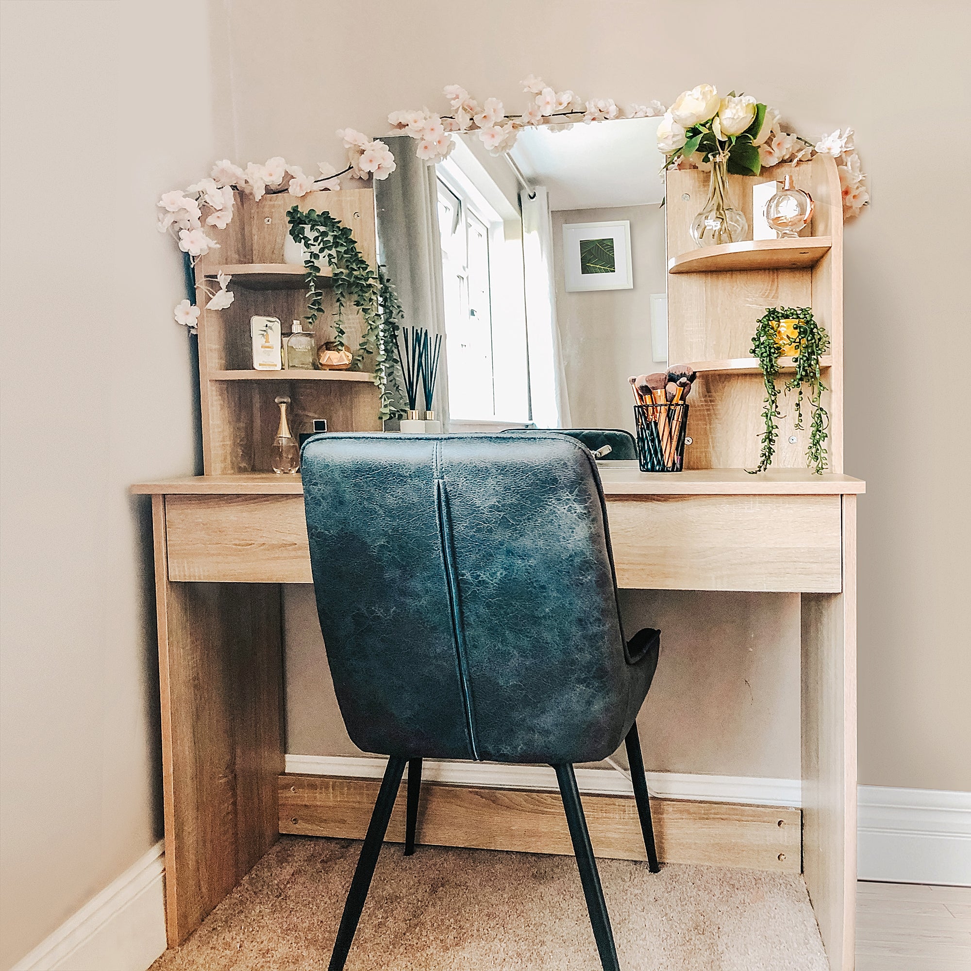 Particle Board Glass Mirror Dressing Table w/ Shelves Oak Tone