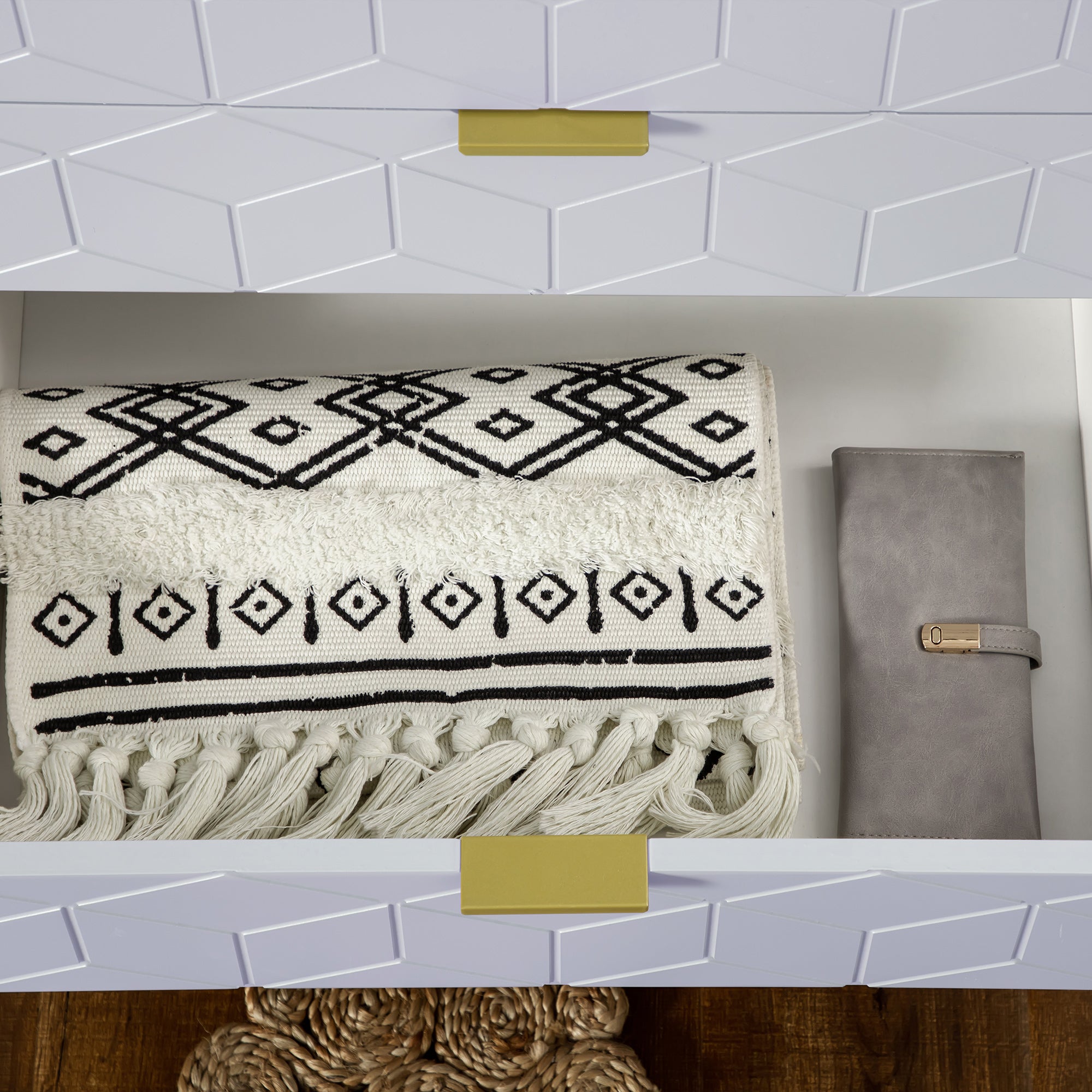 Modern Chest of Drawers, 5-Drawer Storage Organizer Unit with Golden Effect Steel Base for Bedroom, Living Room, Natural, White