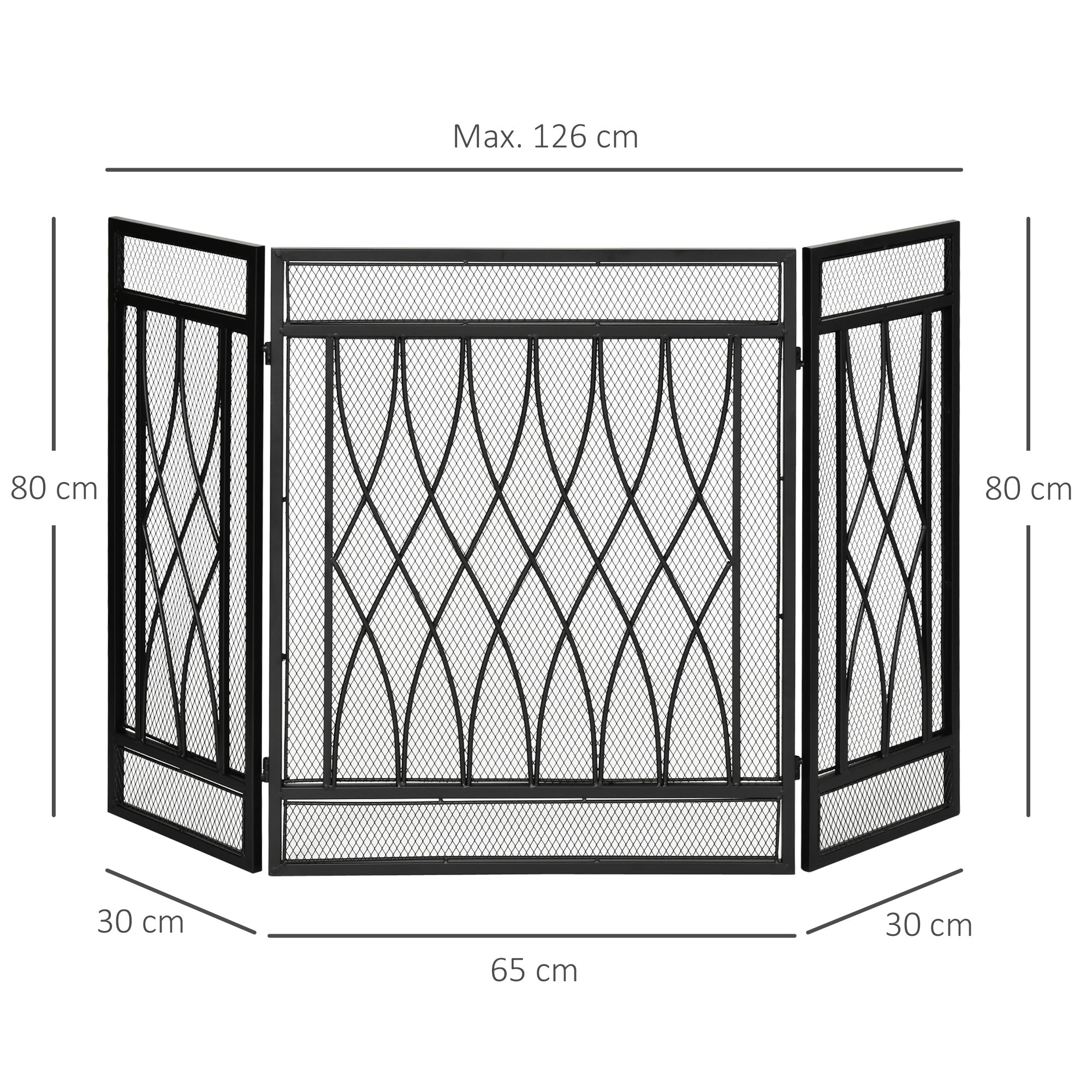 3-Panel Folding Fireplace Screen, Metal Mesh Fire Spark Guard, 126L x 3W x 80H cm-Black