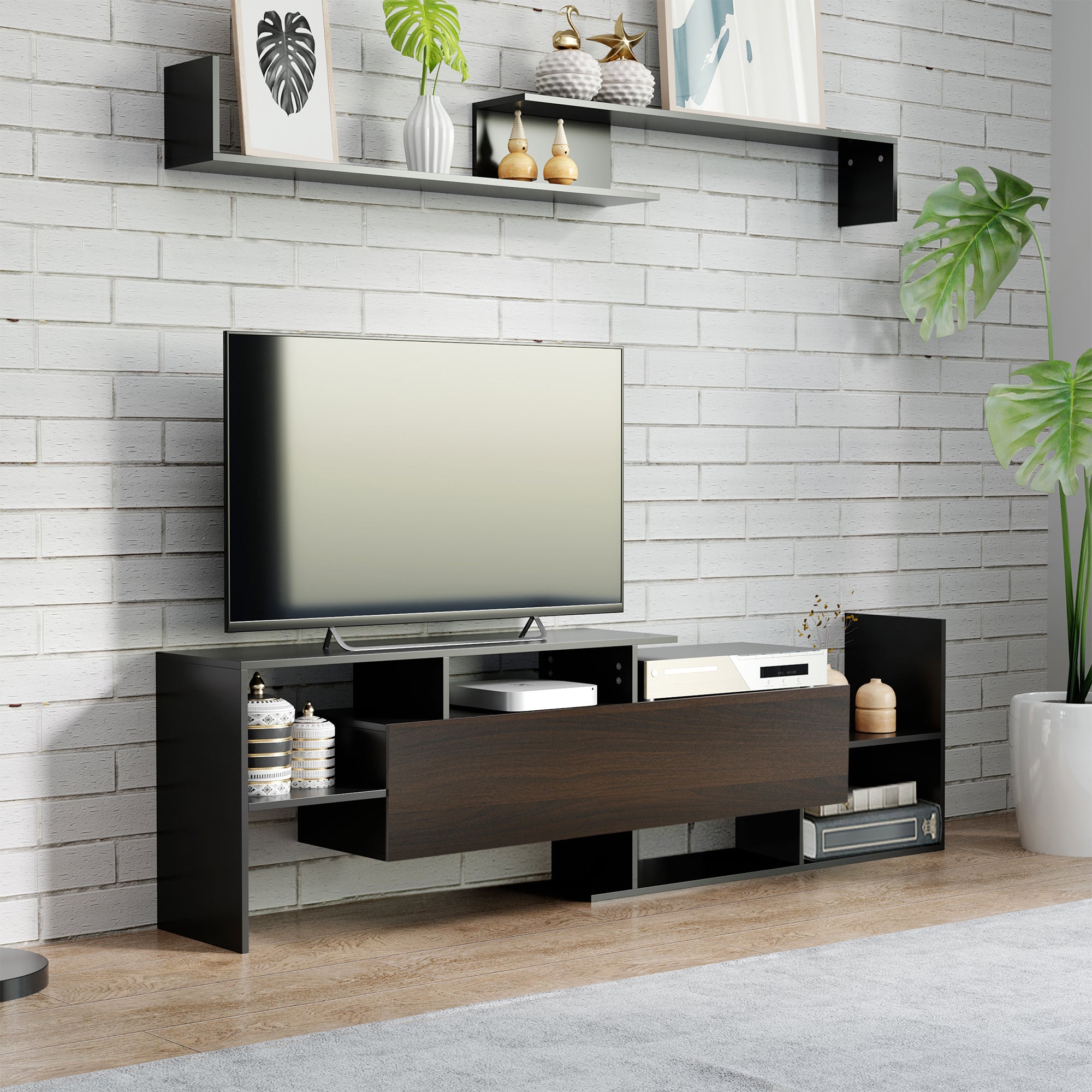 Modern TV Cabinet with Wall Shelf, TV Unit with Storage Shelf and Cabinet, for Wall-Mounted 65" TVs, Living Room Bedroom, Black and Dark Brown