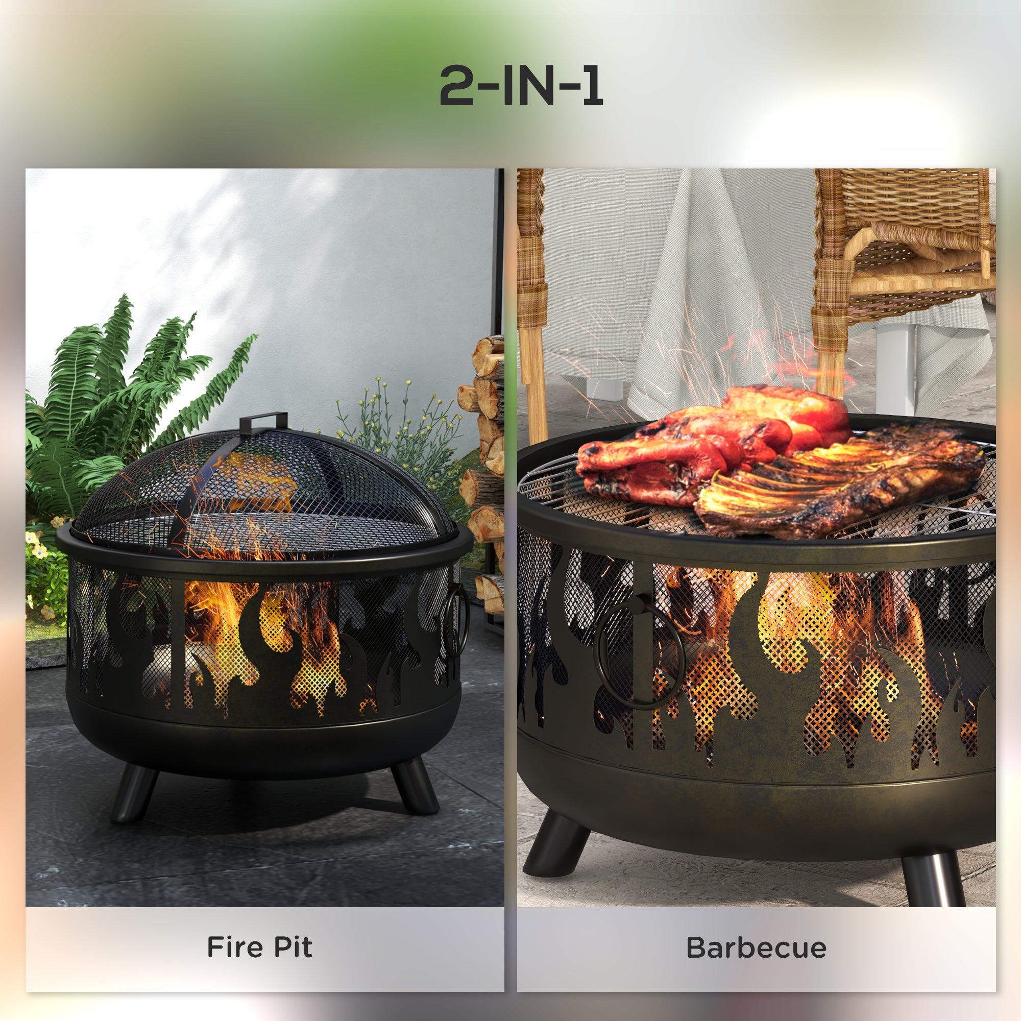 Metal Firepit Bowl Outdoor 2-In-1 Round Fire Pit w/ Lid, Grill, Poker, Handles for Garden, Camping, BBQ, Bonfire, Wood Burning Stove, 61.5 x 61.5 x 52cm, Black