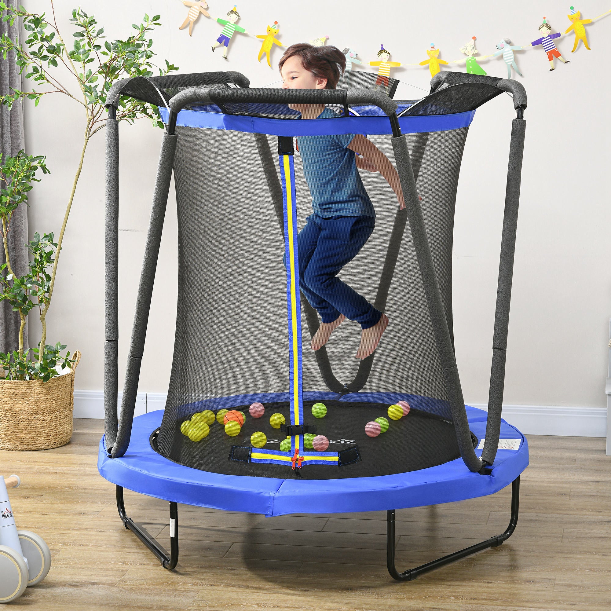 4.6 FT Kids Trampoline with Enclosure, Basketball, Sea Balls, Blue