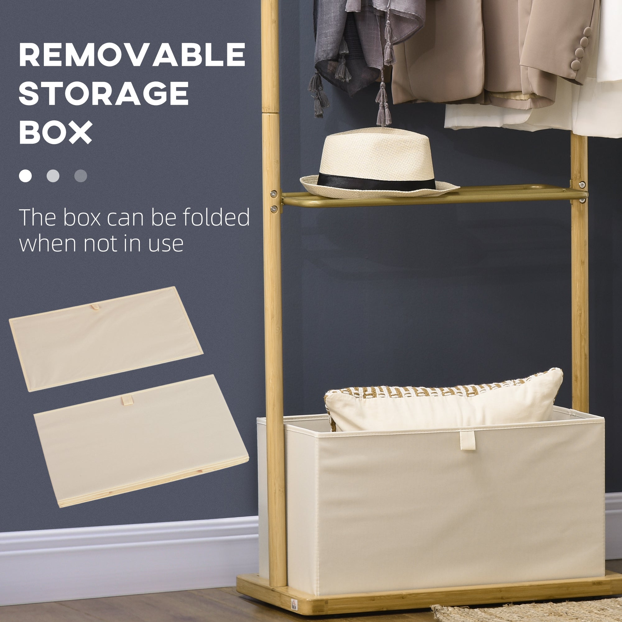 Clothes Rail, Bamboo Coat Stand, Garment Rack with Open Shelves and Fabric Storage Box for Bedroom, Hallway, Natural