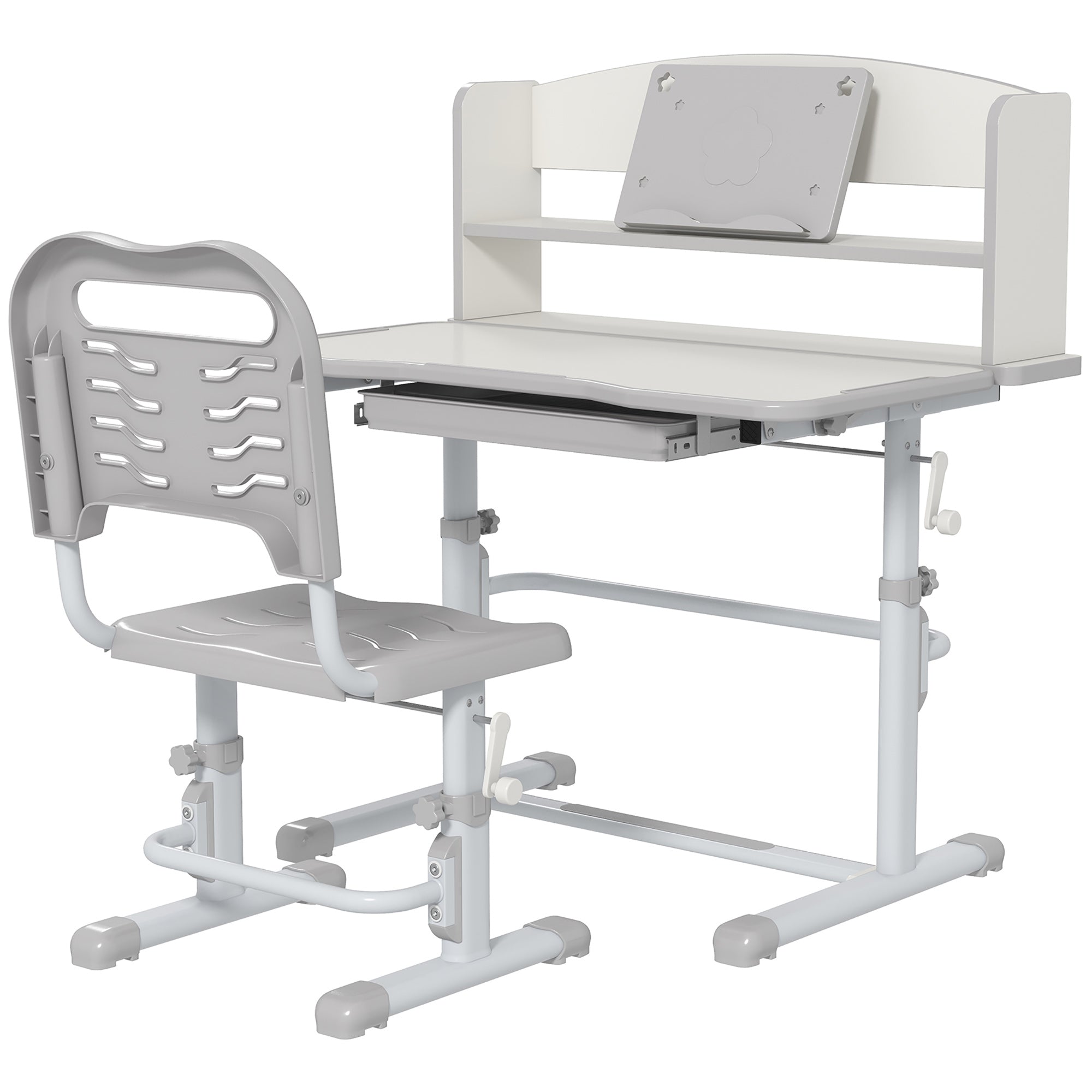 Height Adjustable Kids Study Table and Chair Set, with Drawer, Storage Shelf, 80 x 54.5 x 104 cm, Grey