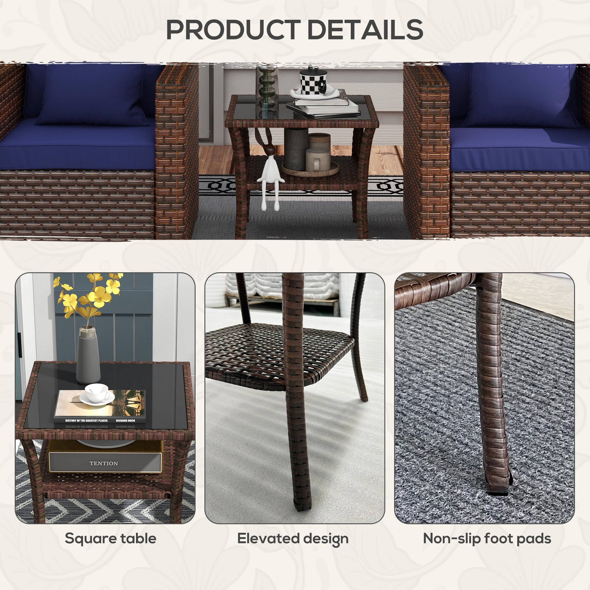 50cm Outdoor PE Rattan Coffee Table, Patio Wicker Two-tier Side Table with Glass Top, for Patio, Garden, Balcony, Brown