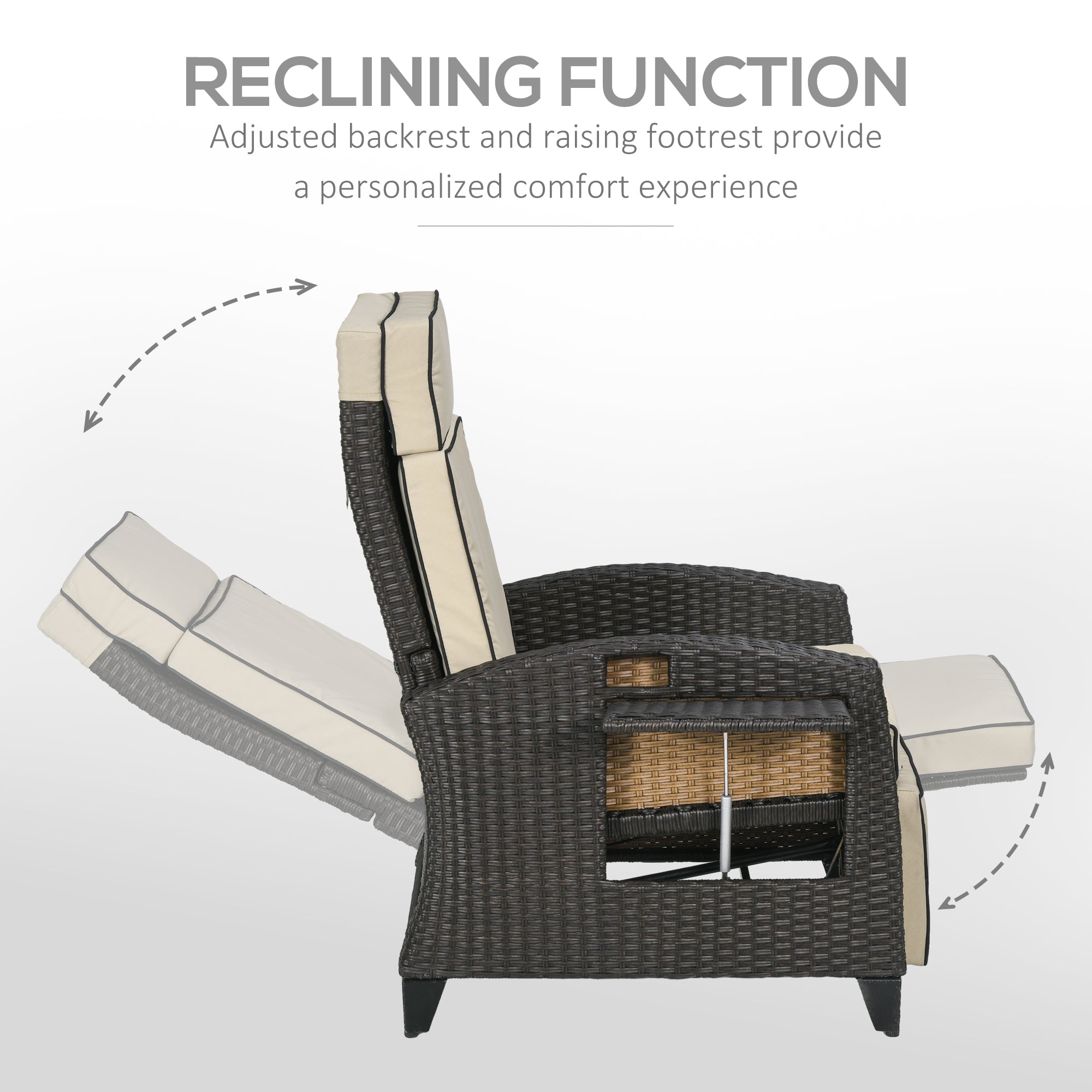 Outdoor Recliner Chair with Adjustable Backrest and Footrest, Cushion, Side Tray, Brown