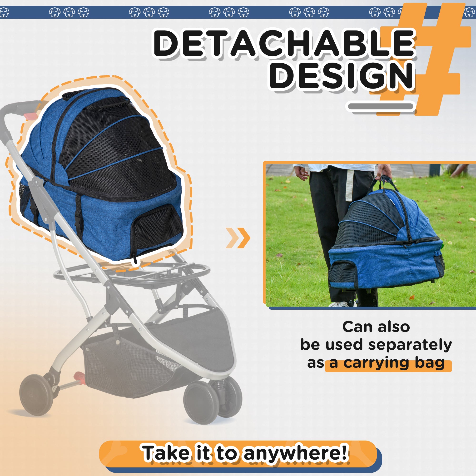 Detachable Pet Stroller Pushchair Foldable Dog Cat Travel Carriage 2-In-1 Design Carrying Bag Dark Blue