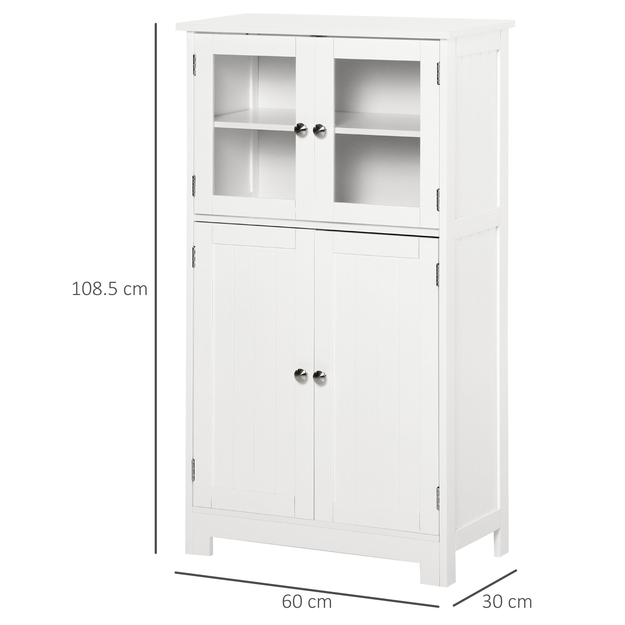 Bathroom Floor Storage Cabinet with Tempered Glass Doors and Adjustable Shelf, Free Standing Organizer for Living Room Entryway, White