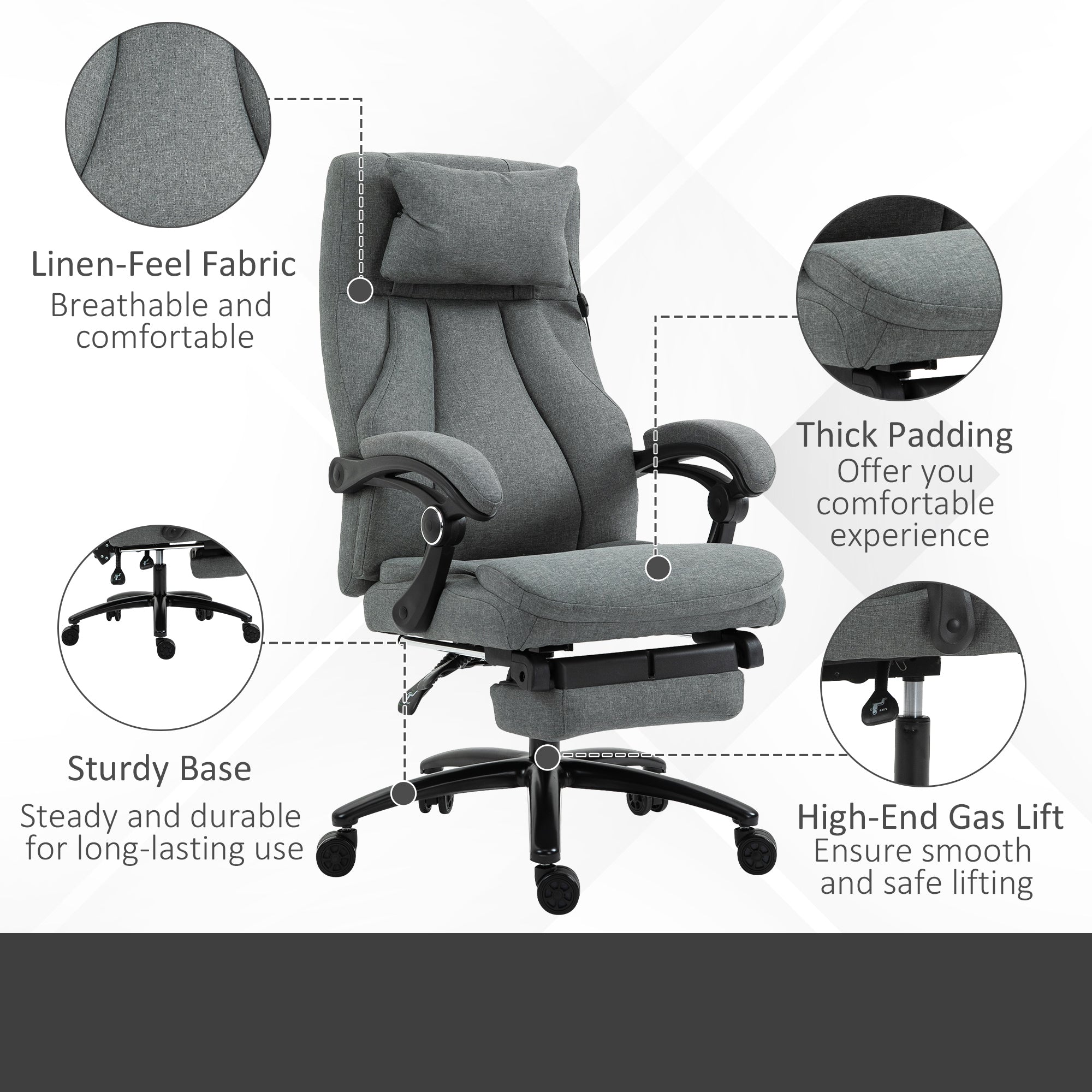 Office Chair 2-Point Removable Vibration Massage Pillow Executive Ergonomic USB Power Adjustable Height 360° Swivel Grey