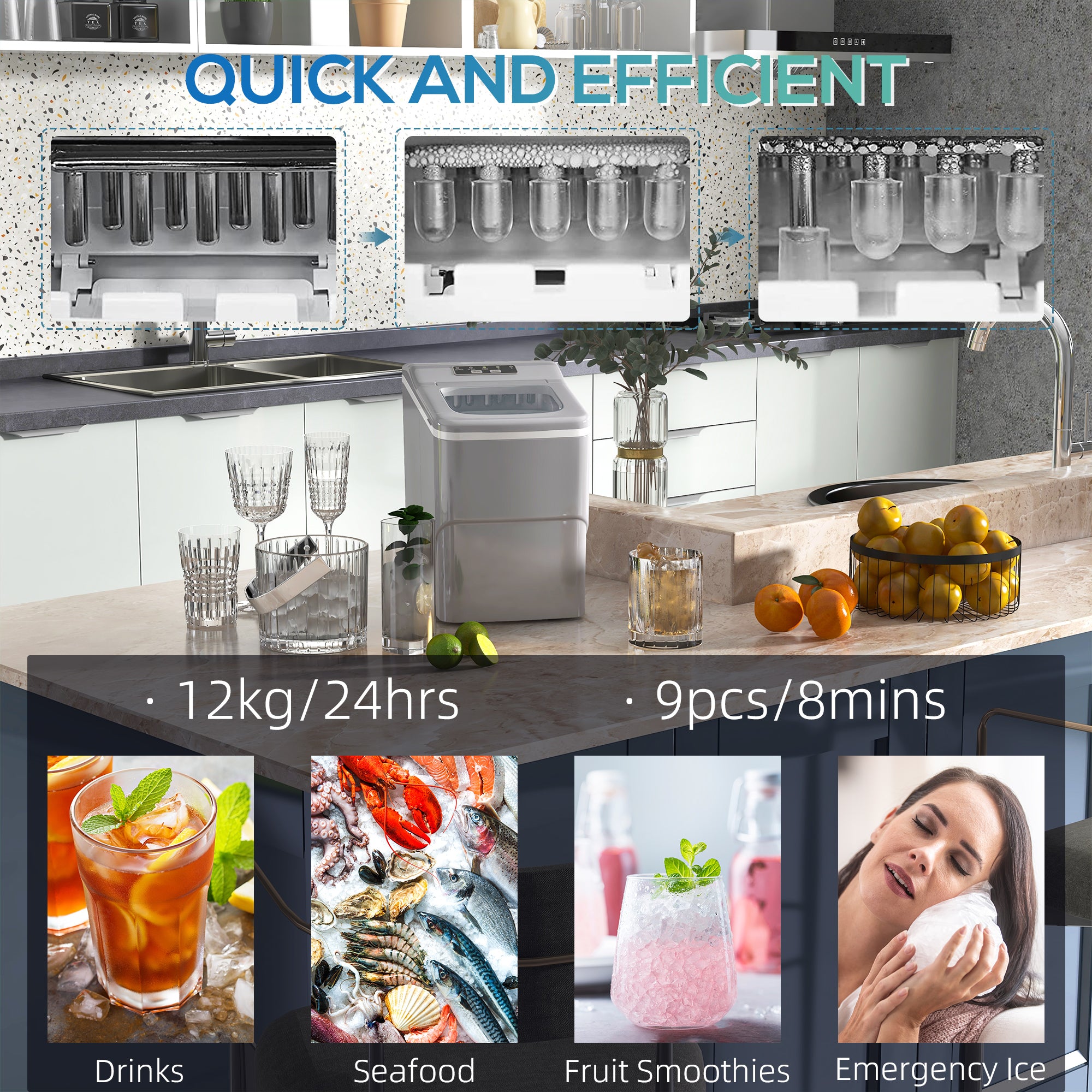 Portable Ice Maker Countertop, Bullet Ice Cube Machine, 9 Ice Cubes per 8 Minutes, Automatic Cleaning, Visible Window Scoop and Basket for Kitchen, Office, Bar, Silver