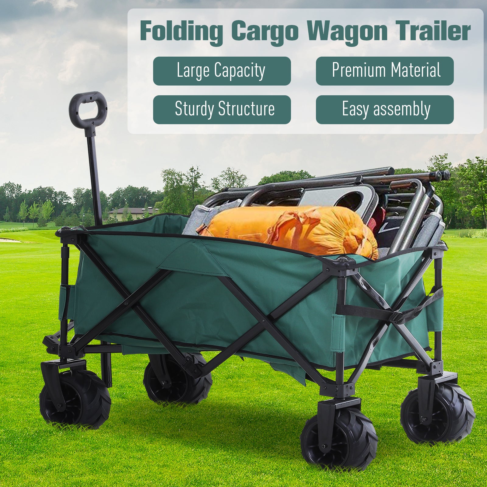 Outdoor Pull Along Cart Folding Cargo Wagon Trailer Trolley for Beach Garden Use with Telescopic Handle, Anti-Slip Wheel - Green