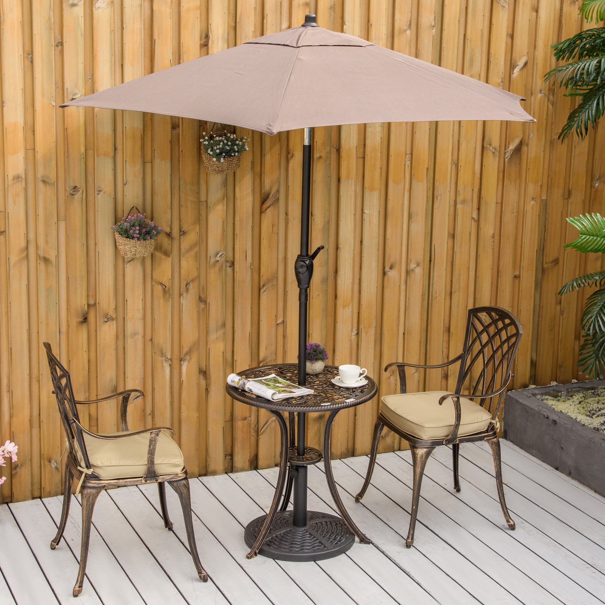 3 Piece Cast Aluminium Garden Bistro Set for 2 with Parasol Hole, Outdoor Coffee Table Set with Cushions - Bronze