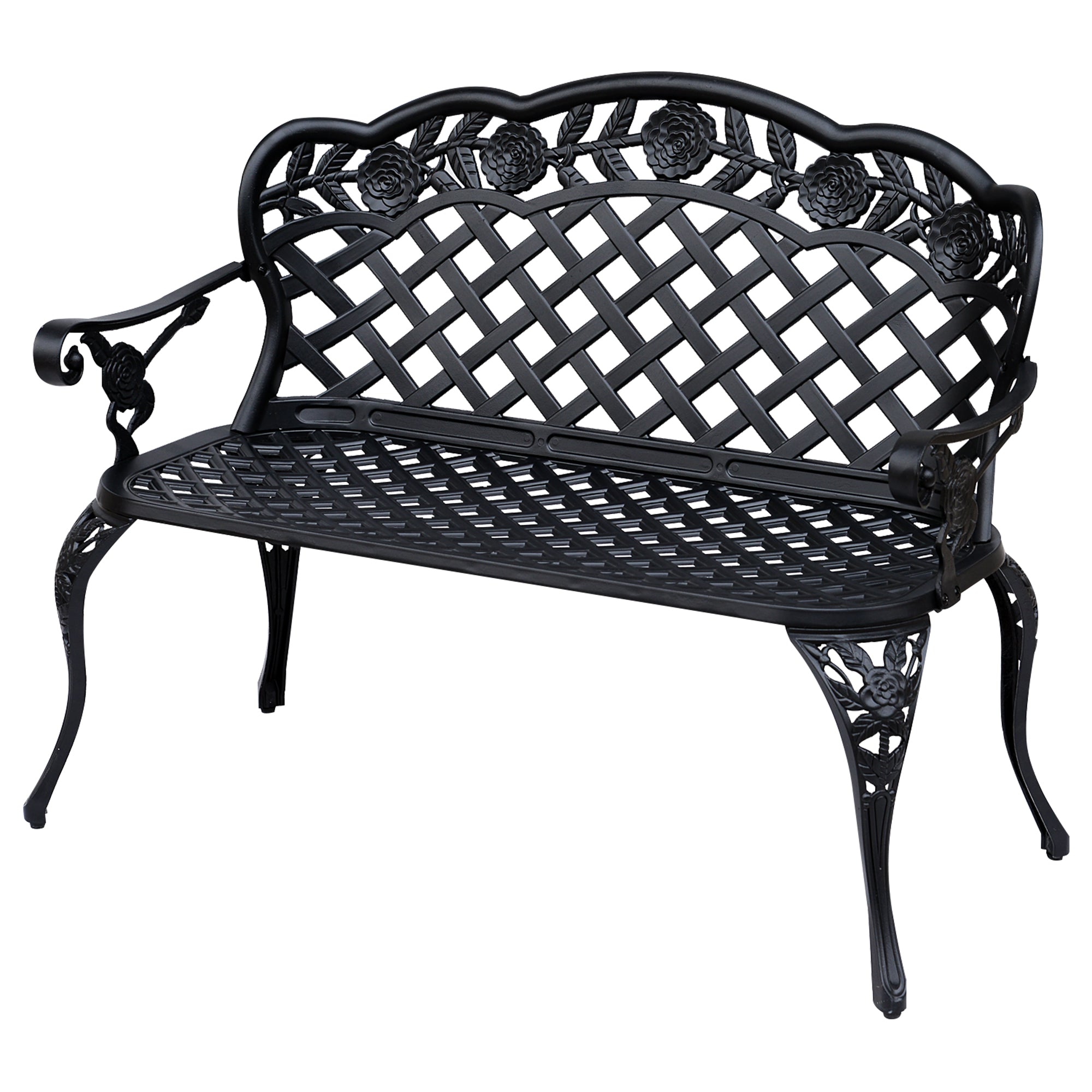 Cast Aluminium Garden Bench Outdoor Patio 2 Seater High Back Chair Armrest Antique Style Black