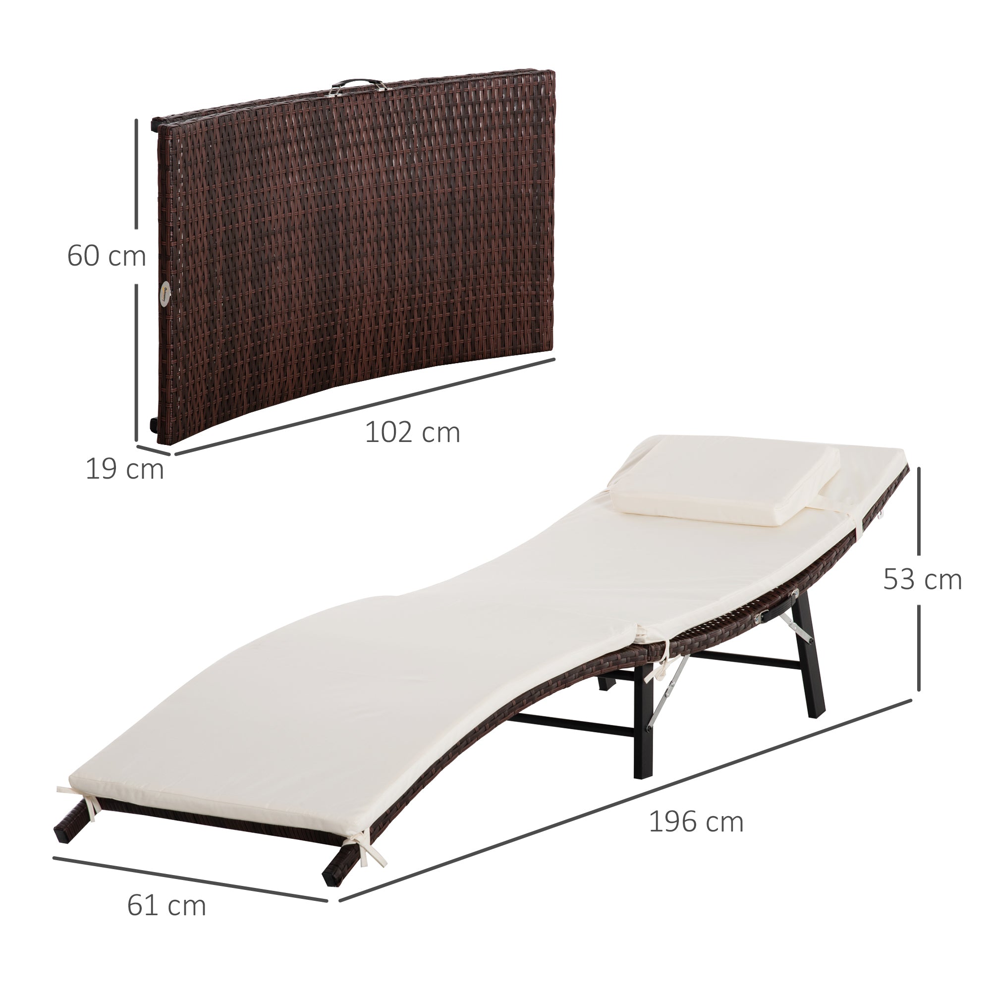 Rattan Garden Furniture Folding Sun Lounger Outdoor Chair Wicker Weave Bed with Cushion and Pillow Brown