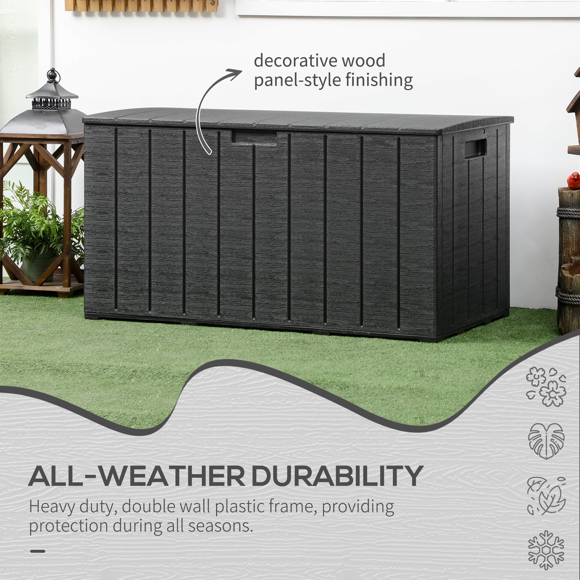 336 Litre Extra Large Outdoor Garden Storage Box, Water-resistant Heavy Duty Double Wall Plastic Container, Garden Furniture Organizer, Black