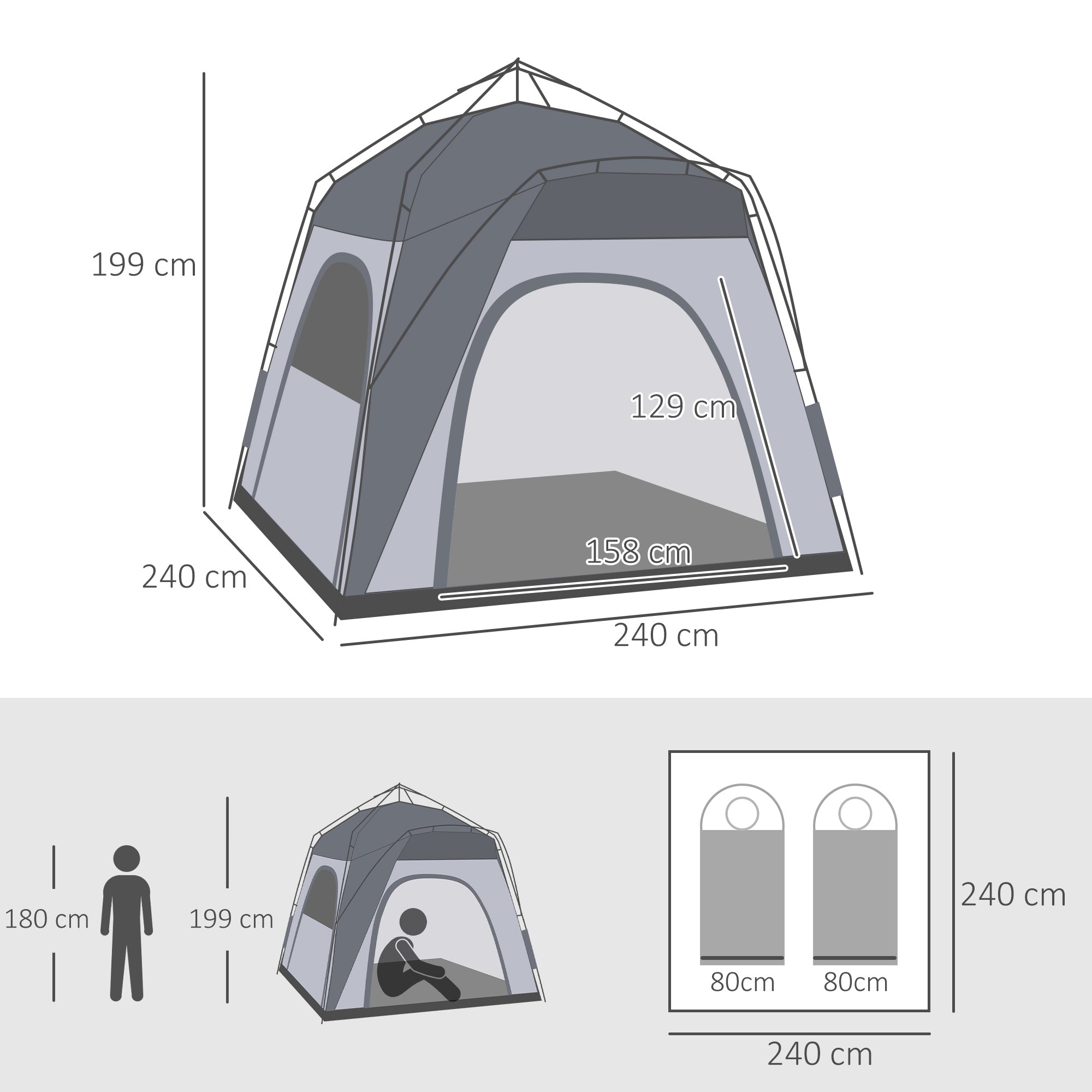 4 Person Automatic Camping Tent, Outdoor Pop Up Tent, Portable Backpacking Dome Shelter, Light Grey